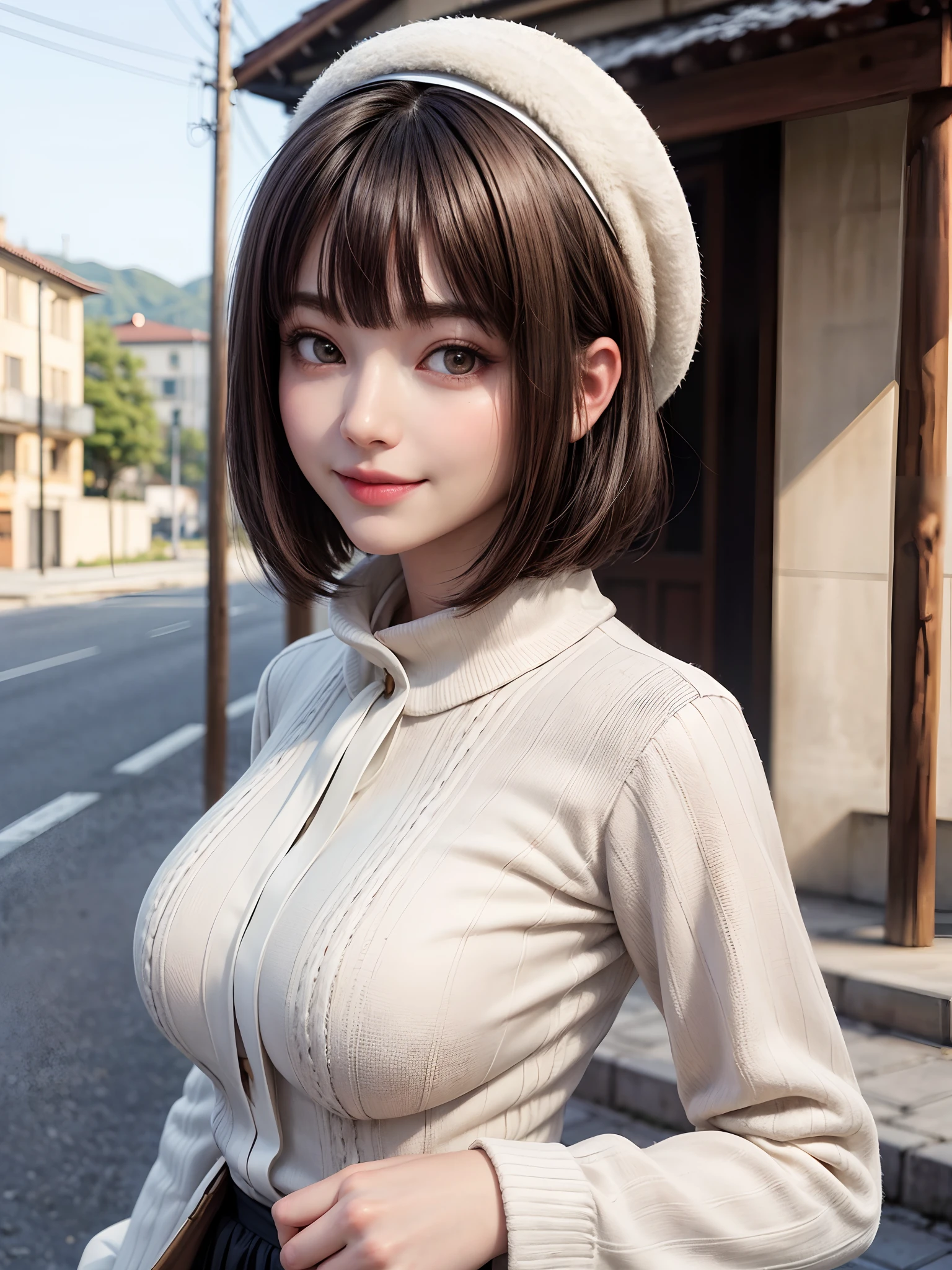 (masutepiece:1.4, top-quality:1.4、Add intense highlights to the eyes:1.4、Lustrous hair:1.4 ),1girl in, 独奏, A dark-haired, scarf, Hats,, realisitic, looking at the viewers, black eyes of light color, shorth hair, coat, Winter clothes, White headscarf, s lips, lipgloss:1.4,bangss,,a closed mouth, The upper part of the body、big eye、Lashes、((Street))、((Shorthair with bangs、big eye、Put very strong highlights in your students、{Gigantic|Big|Huge|Mega} breasts, cleavage、very Bigger breasts、gazing at viewer、Very beautiful beauty、Put your ears out、long neck、little smiling、Close your mouth and smile)))、Beautiful adult woman full of charm:1.4、(A tree-lined street with lush green autumn leaves without people or cars)