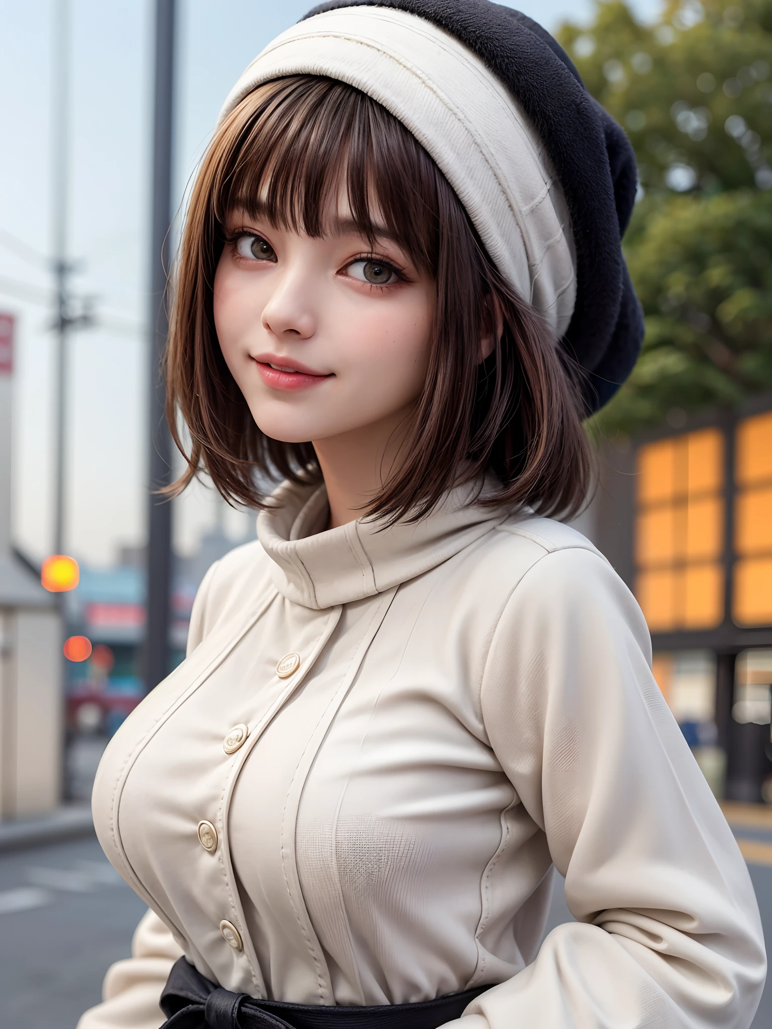 (masterpiece, top-quality、Very attractive adult beauty、Add intense highlights to the eyes),1girl in, 独奏, A dark-haired, scarf, Hats,, realisitic, looking at the viewers, black eyes of light color, shorth hair, coat, Winter clothes, White headscarf, s lips, lipgloss,bangss,, a closed mouth, The upper part of the body、big eye、Lashes、((Road system in Italy))、((Shorthair with bangs、big eye、Put very strong highlights in your students、very Bigger breasts、gazing at viewer、Very beautiful beauty、Put your ears out、long neck、little smiling、Close your mouth and smile)))、28 year old、Very cute supermodel