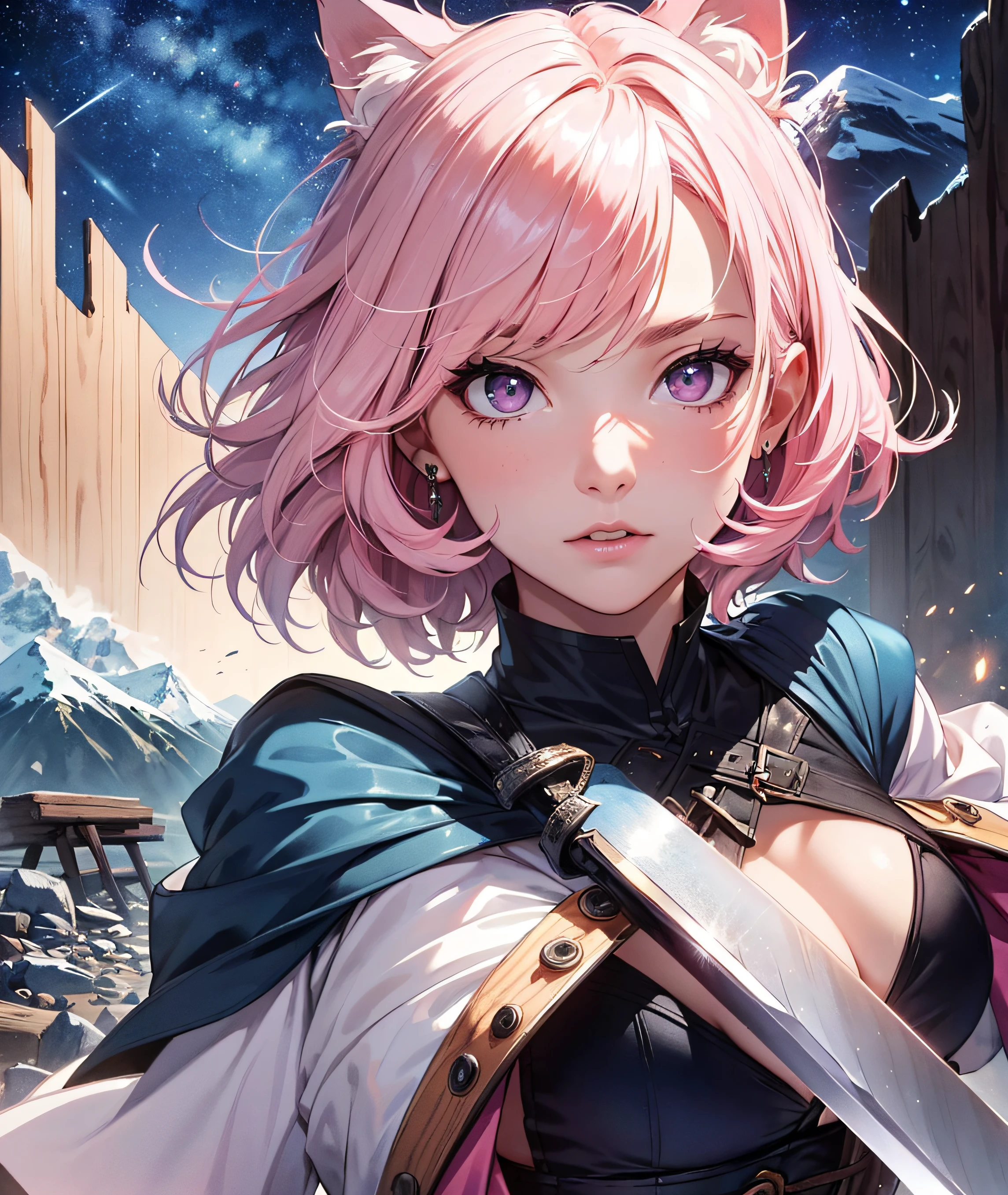 Beautiful detailed girl, Clear and beautiful, Character as the main point of view, radiant skin, girls, femele, young, 20yo, bobbed hair, Short Cut, short-hair, Beautiful detail glass hair, ((Wielding a big sword, Combat Posture)) ((Medieval European costume, white, Pink)) (((Costume color: white, Pink))) Beautiful details, cold face, cold expression, beautiful-detailed eyes, Pink eyes, Moderate chest, Purple Noon, Full-fledged skin texture, Very good 8KCG wallpapers, very fine 8K CG wallpaper, watercolor (medium), female warrior, Pink hair, (((Full-body cut))), Cat's ears pink, Long knives, Big knife, Traditional sword, Wielding, Attacking Posture, Levitation, (((s whole body))), Show your whole body, (((dark, Dark Night, Deep Night))) ((Sky color: dark blue)) (((Natural Background, mountains, wood))), ((plein air))
