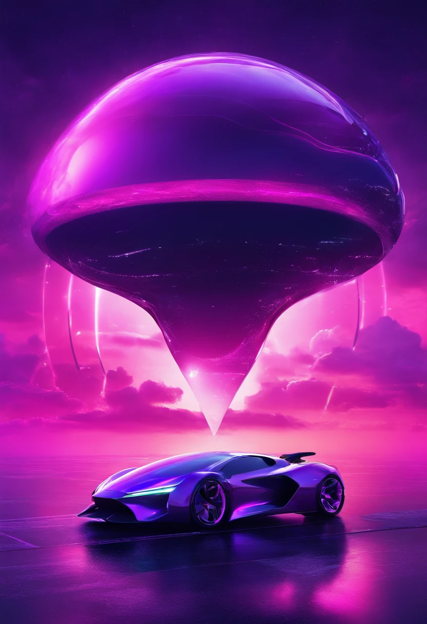 Futuristic car floating above the clouds, Neon tones, Dark sky, purple lighting, rain, Lightning, Ultra photo realsisim, Highly detailed, 8K