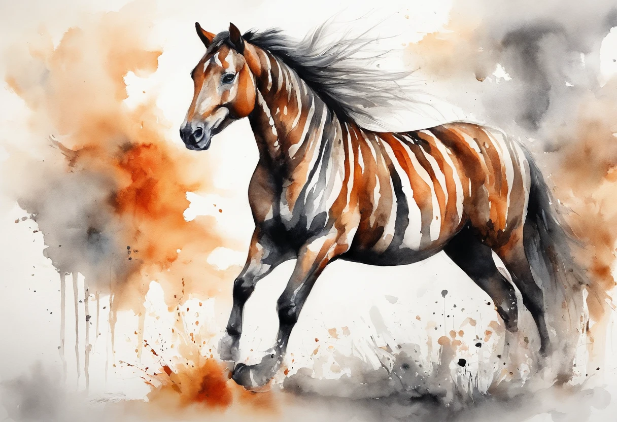 Horse with tiger striped patterns, orange black and white, masterpiece, best quality