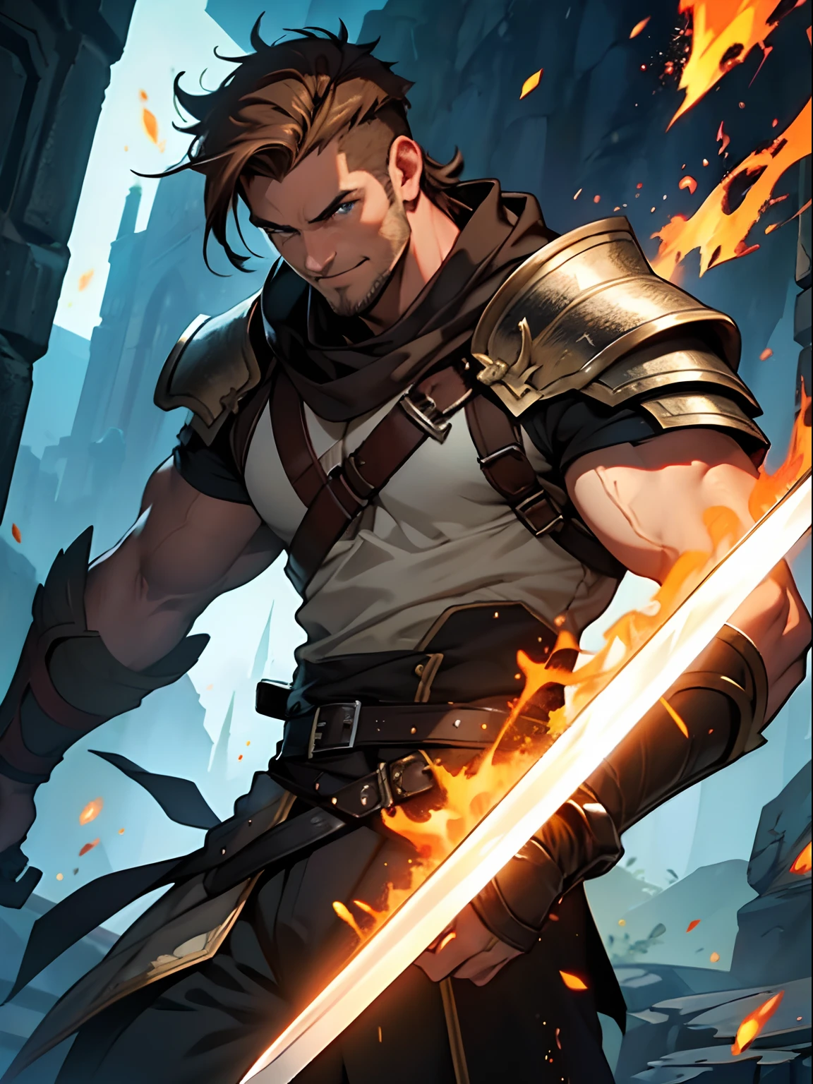 ​masterpiece,top-quality,realisitic,In flames,Man swinging sword down with both hands,Big muscular man,Middle Age,Brown hair,Short legend,Blue eyes,Sharp eyes,Western armor,Slash me with your sword,Smiled look,Flying sparks,