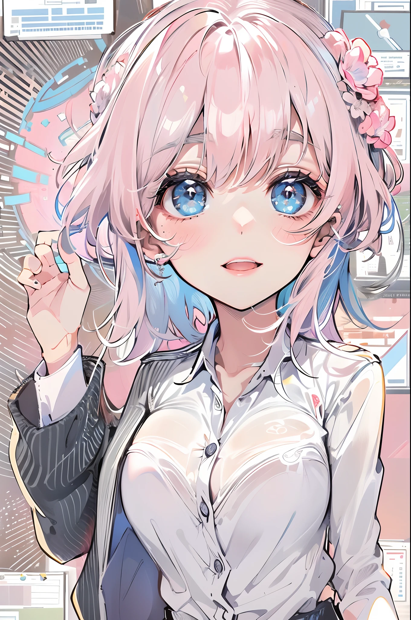 ((masterpiece, best)),(1girl),((mature woman)), light pink hair, halo, trumpet, ((office lady)), bangs, mid-chest, (full), slim, smiling, [wide hips ], office, standing, aru \(blue file\),