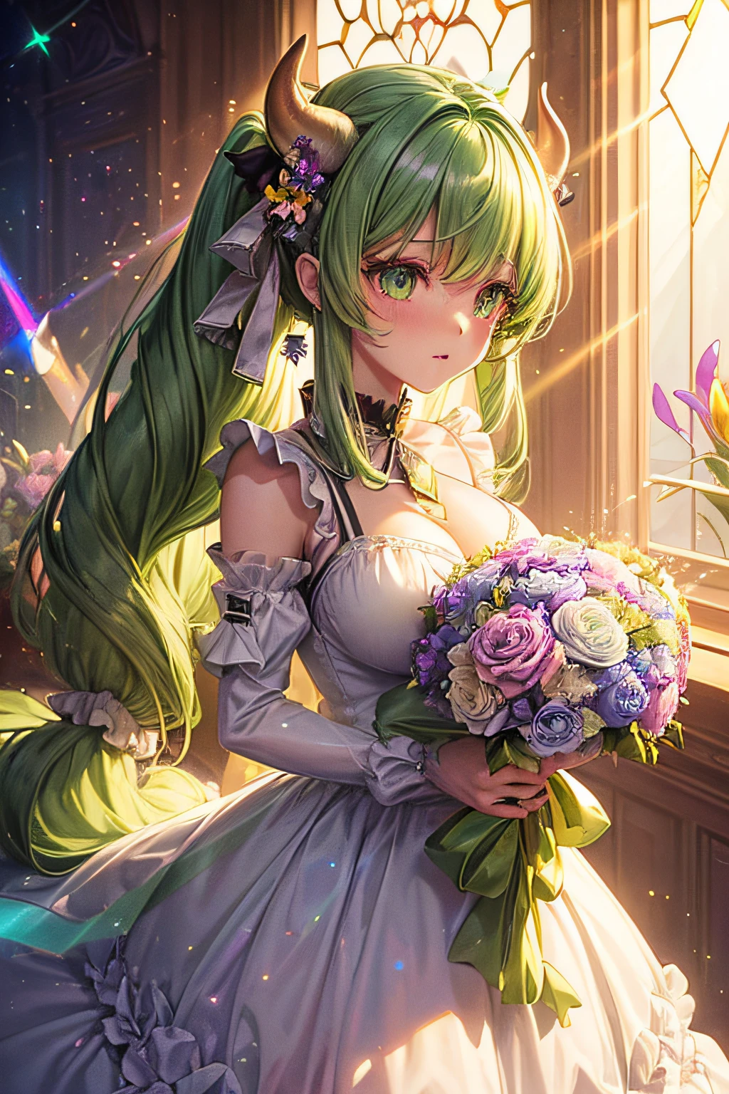 ((worst quality, low-quality)), ((girl)), Solo, (wedding dress), (((Longhaire, poneyTail, Green hair,):1.3)), (Big breasts), Hair over one eye, plump shiny lips, Beautiful clear eyes, Spoken Heart, Leaning forward, (Dynamic Pose:1.2), (((Beautiful colorful flowers, 1 large bouquet,Hold it with both hands:1.2))), Confetti, (Moon and majestic castle background), ((Shining moonlight)), (opal), (light Particle, light glow, llight rays:1.4), masutepiece,Best Quality,ultra-detailliert,