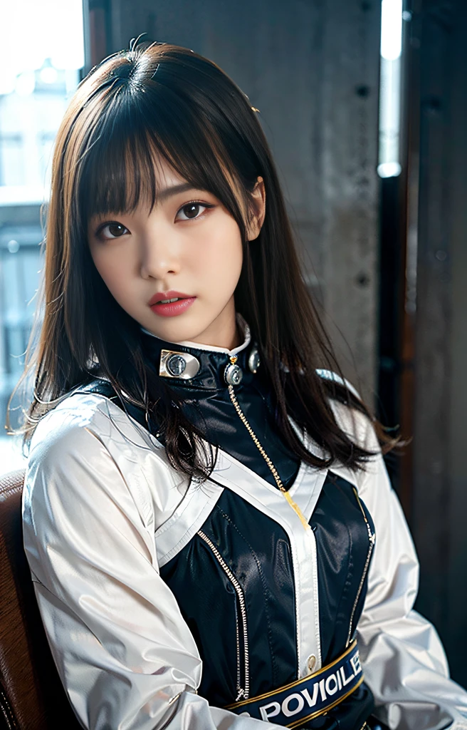 Highest image quality, outstanding details, ultra-high resolution, (realism: 1.4), the best illustration, favor details, highly condensed 1girl, with a delicate and beautiful face, ((cowboy shot)), (wearing warm racing suit likes police uniform, black and gray mecha, military harness, holding a machinegun), background grey wall,