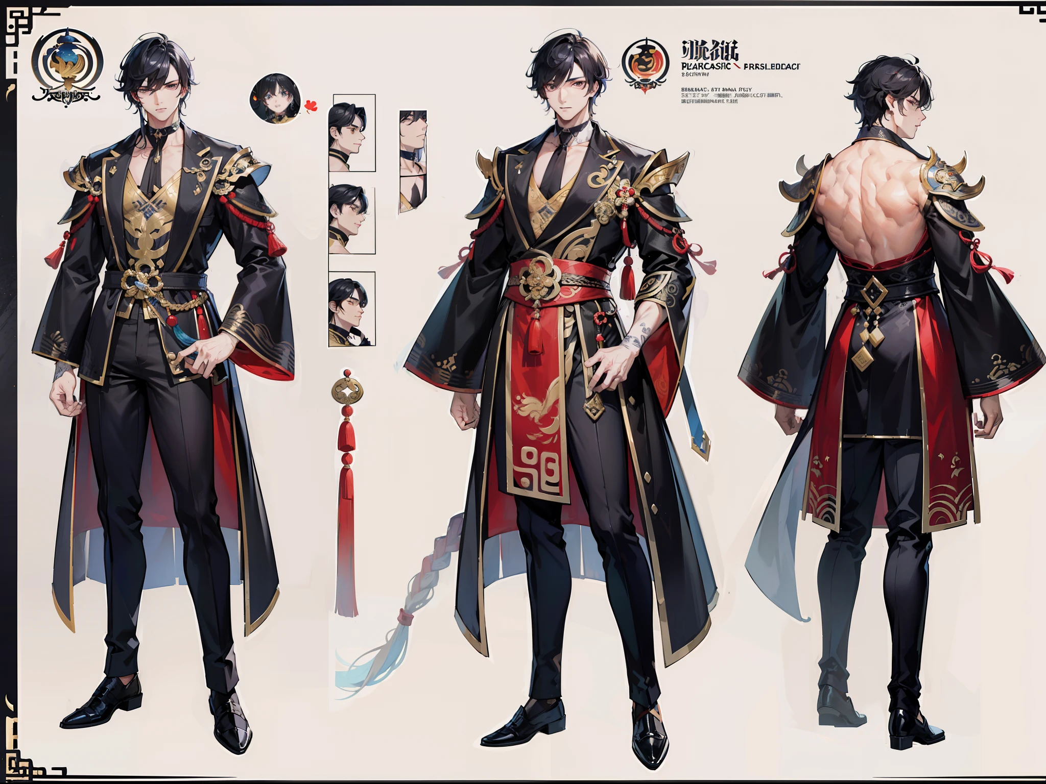 ((Masterpiece, Highest quality)), Detailed face, character design sheet,full body esbian, Full of details, frontal body view, back body view, Highly detailed, Depth, Many parts, Muscle boy with black hair,handsome man, Traditional chinese clothes, Genshin Impact, man tall, pectoral muscles, abs