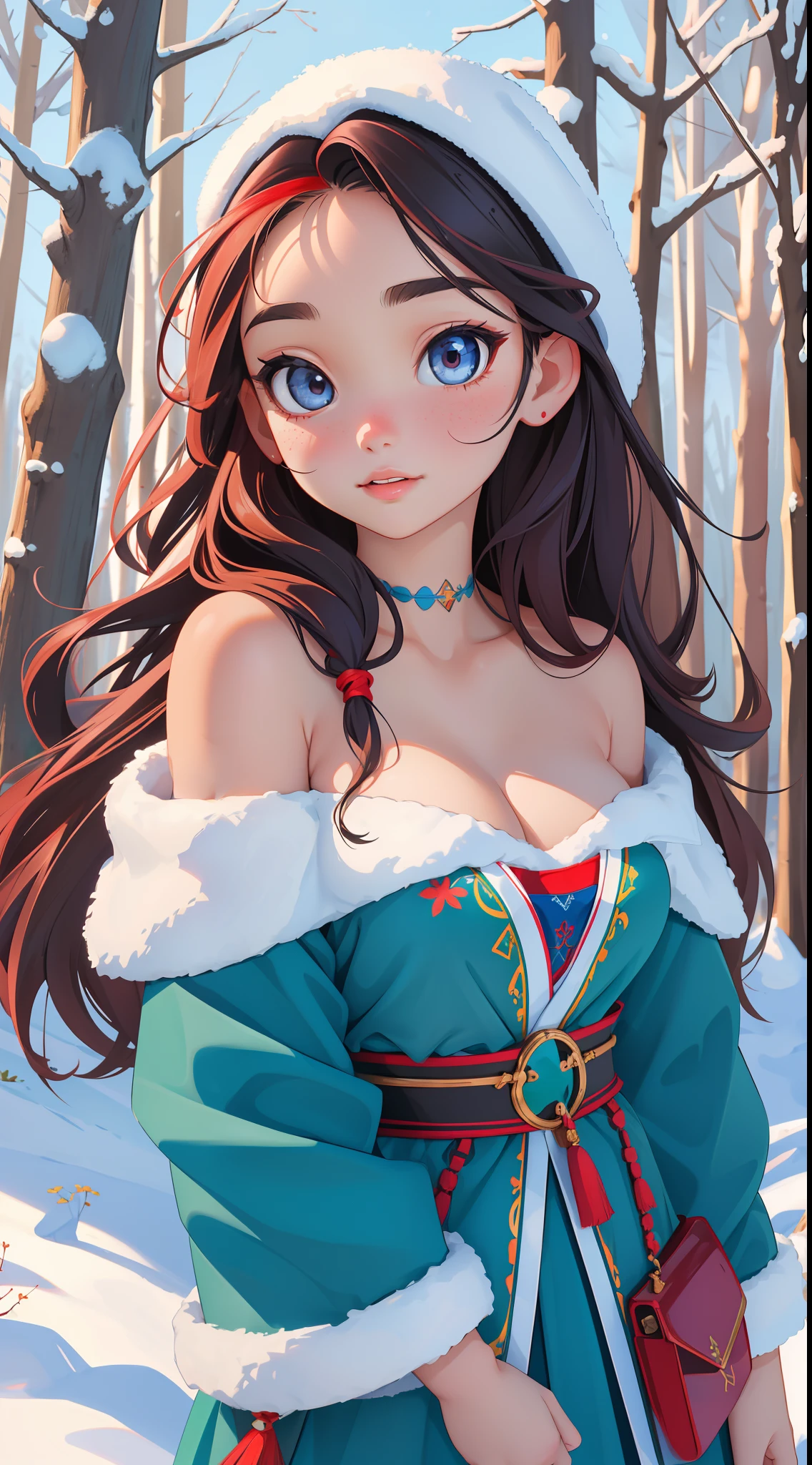 , Haplogroup D1a1a1, High quality, Masterpiece, Portrait, 1girll, 11 Yeng,Large breasts,cleavage,Off-the-shoulder attire,snowfield,forest,Blizzarding,Frozen magic。Be red in the face,