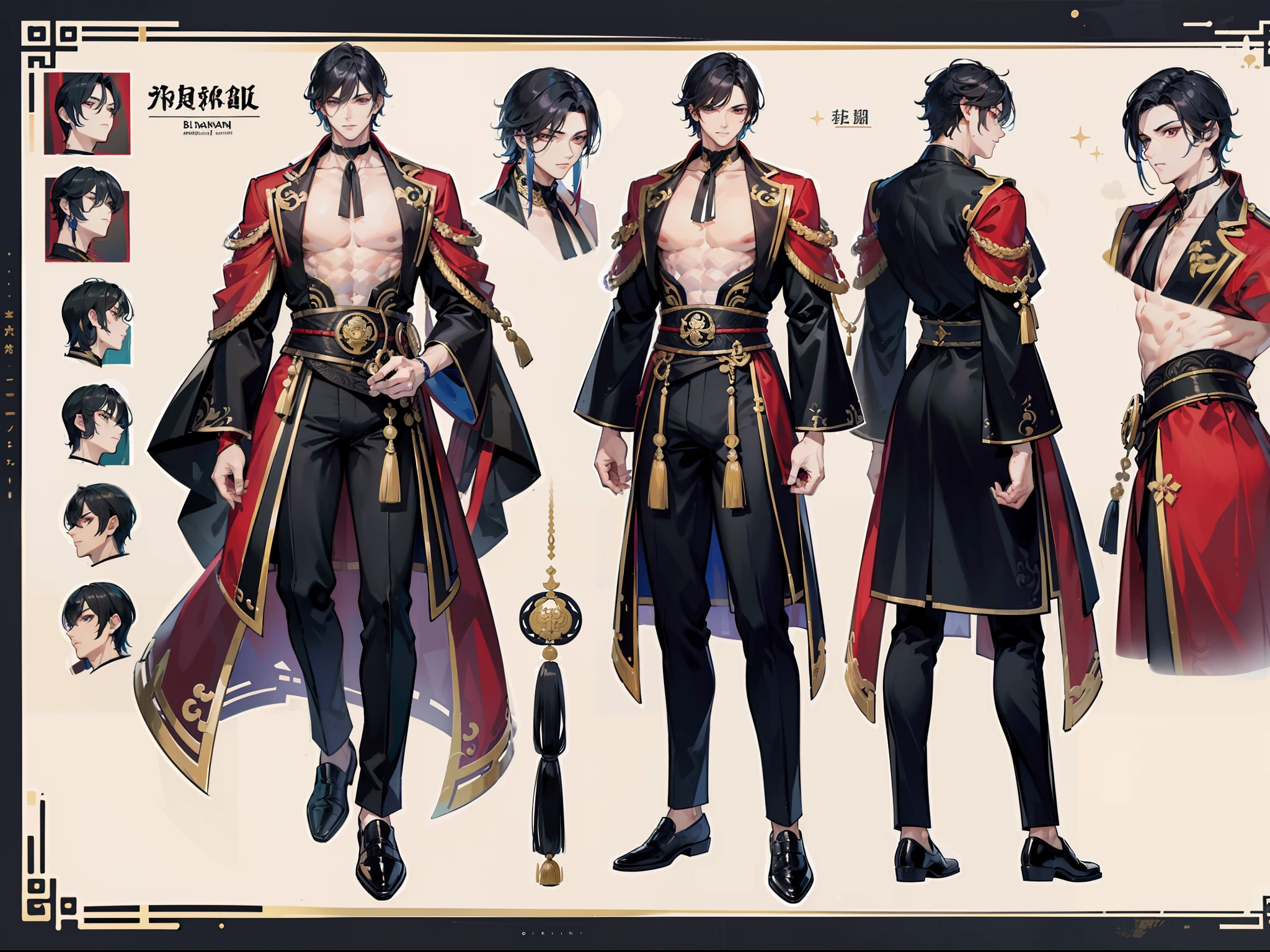 ((Masterpiece, Highest quality)), Detailed face, character design sheet,full body esbian, Full of details, frontal body view, back body view, Highly detailed, Depth, Many parts, Muscle boy with black hair,handsome man, Traditional chinese clothes, Genshin Impact, man tall, pectoral muscles, abs