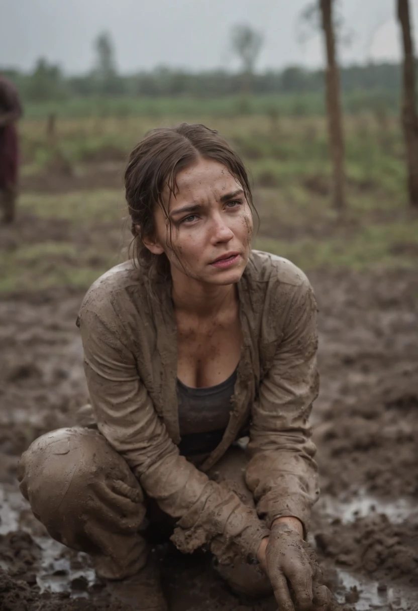 a girl covered in mud and torn clothes, kneeling on the ground and crying