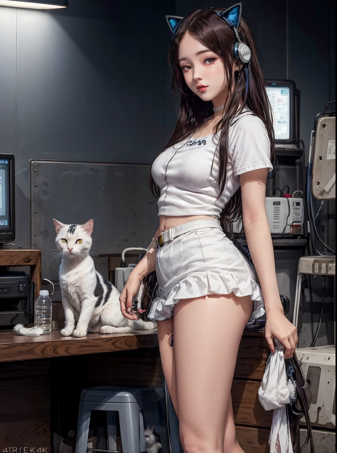 there is a woman in a short skirt posing in a room, seductive anime girl, white cat girl, advanced digital anime art, cyberpunk anime girl, anime barbie in white stockings, cute cyborg girl, digital cyberpunk anime art, anime cyberpunk art, digital cyberpunk - anime art, digital advanced anime art, attractive cat girl, anime style 4 k, very beautiful anime cat girl