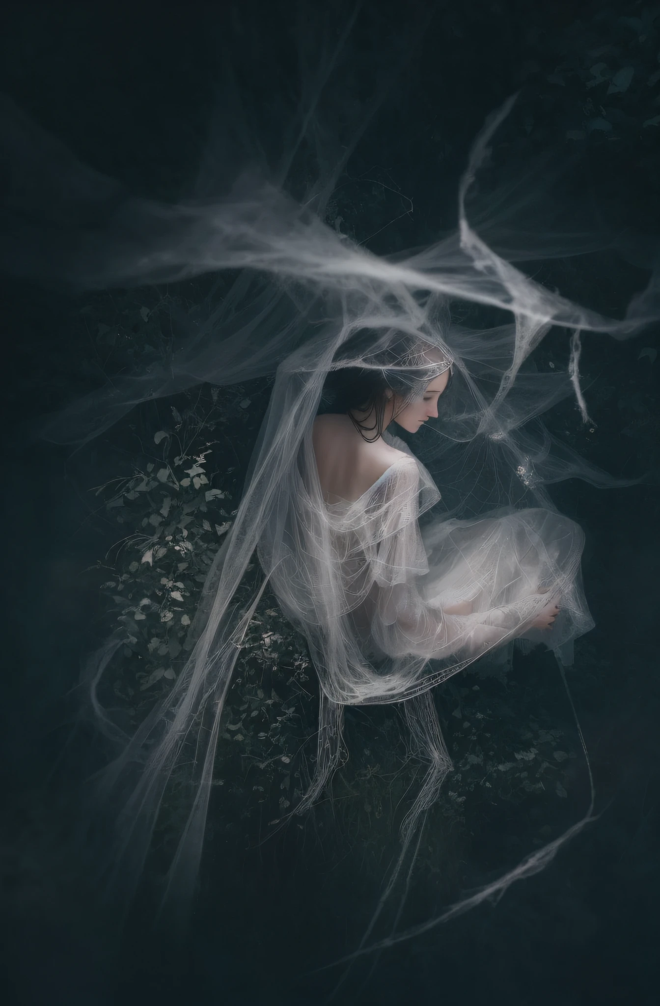 there is a woman in a white dress laying in the forest, inspired by Brooke Shaden, enveloped in webs, floating webs, a stunning young ethereal figure, ghostly form, dreamy and ethereal and dark, covered with cobwebs and dust, beautiful girl, she is wrapped in webs, a still of an ethereal