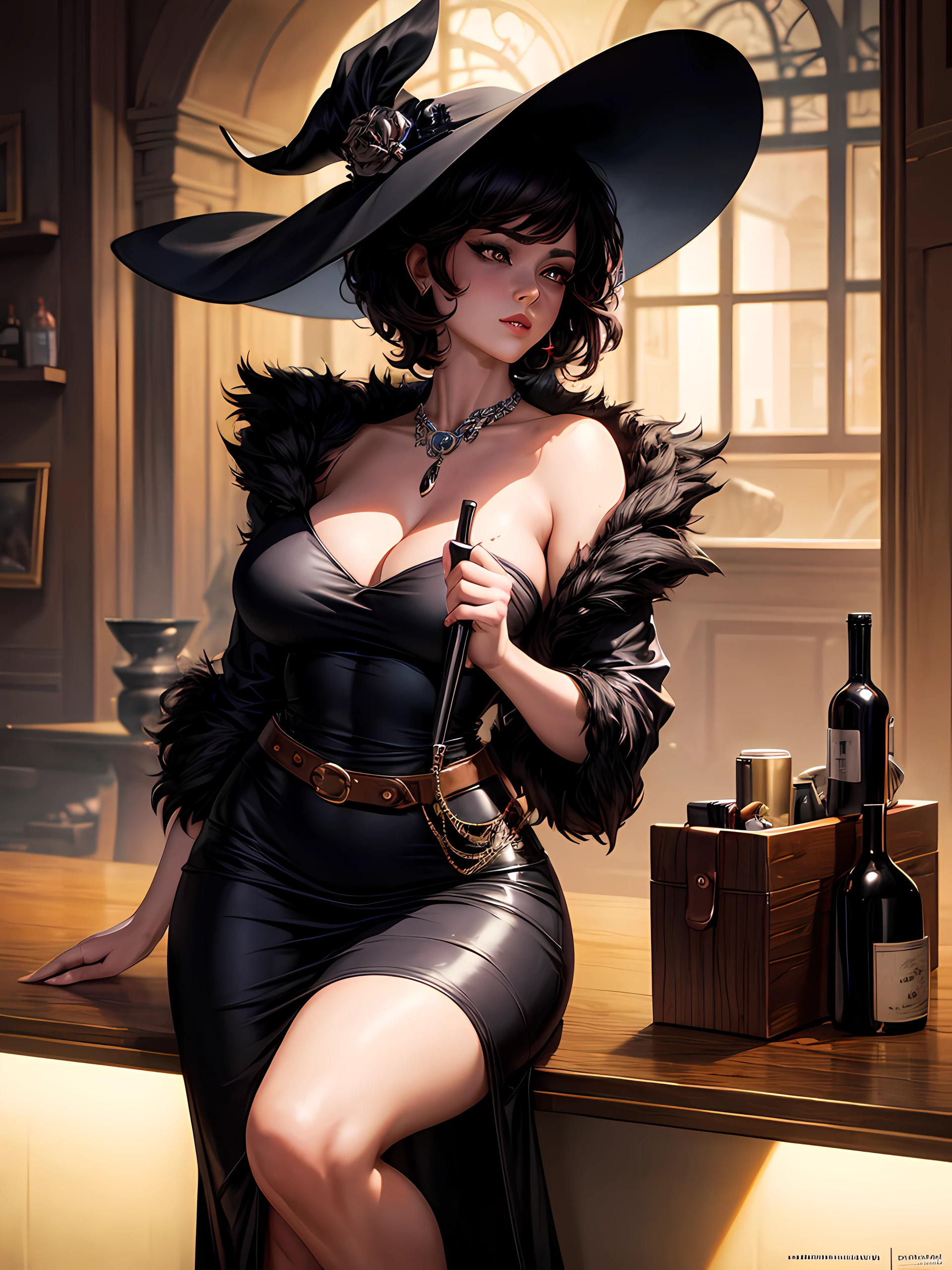 Top quality, Photorealistic, 8K, High Definition, absurd res, high res, ultra sharp, masterpiece, (masterpiece), best quality, expressive eyes, perfect face, Super eyes, masterpiece, highly detailed exquisite character art, epic fantasy digital art style, detailed digital 2d fantasy art, ultra-realistic, the 80s inspired glamourous mysterious classy woman at the bar drinking red wine, black short hair, massive hat, thick makeup, modest outfit, 80s outfit, expensive handbag, she has a gun and a secret agent, no cleavage, hazel eyes, god rays
