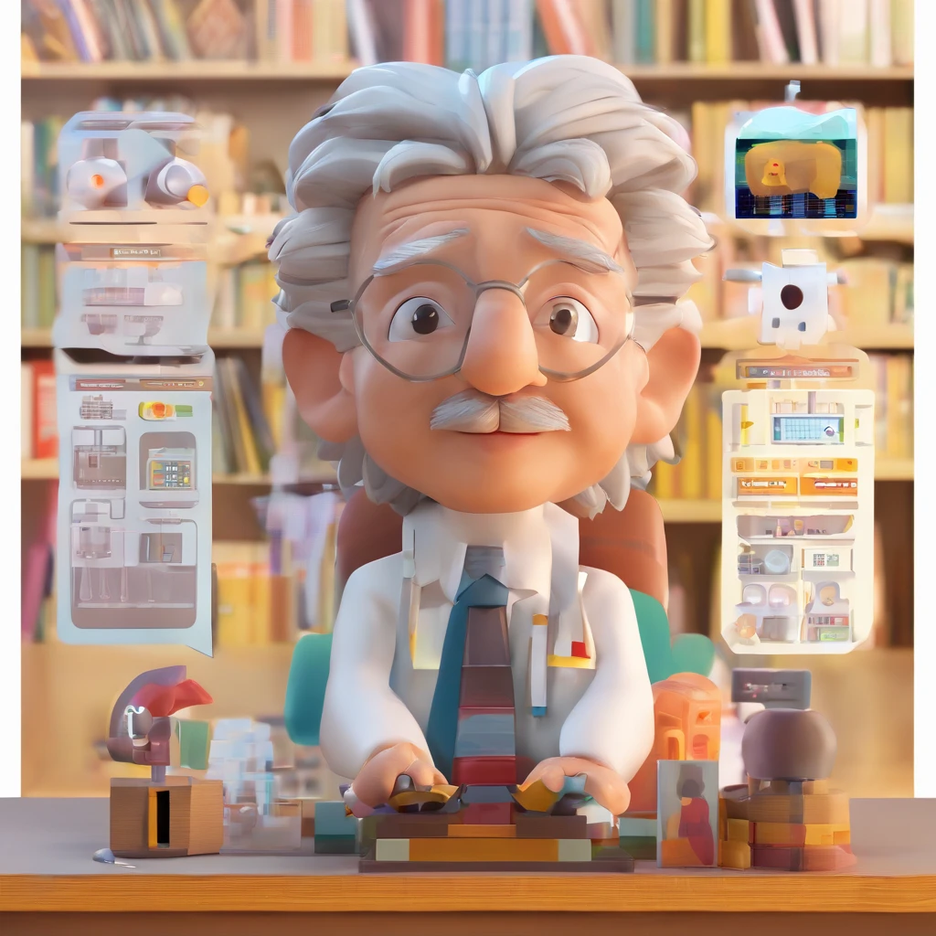 Design a chibi avatar of Albert Einstein，Highlight his face，At the same time, elements are cleverly incorporated to represent artificial intelligence. Maintain Einstein's key facial features, Like his signature hairstyle and glasses, But infuse him with subtle hints of artificial intelligence by giving him a futuristic headdress, Like a cute AI headset or glasses with a digital display，Displays advanced algorithms. The aim was to create a chibi Einstein with a recognizable face，At the same time, it hints at a connection with AI technology.