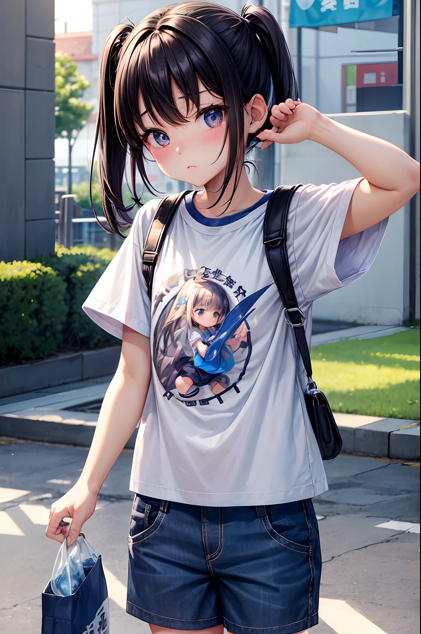 Best Quality、tshirts、short pants、summer clothing、Holding a bottle of juice in one hand、Little Girl、Very cute、Troubled face、The clothes are thin、poneyTail、Moon Night、Black hair、Schools、I want to blush、Staring at this、Wink、twinkling、、