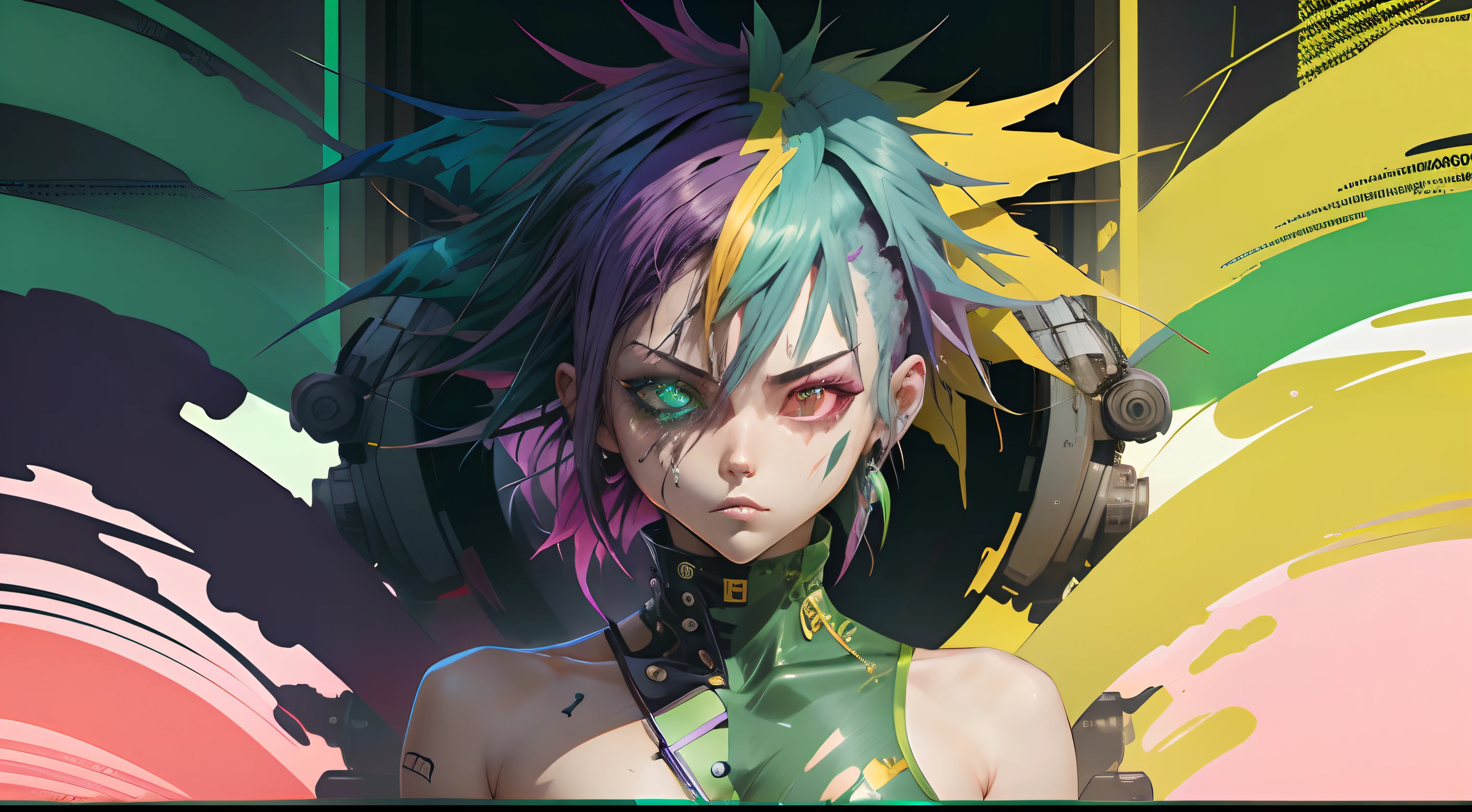 Anime Phonk Horror Album Cover with Neon Green Colors,estilo cyber punk, rainbow hair, mean smirk, segurando uma katana,cabelo longo