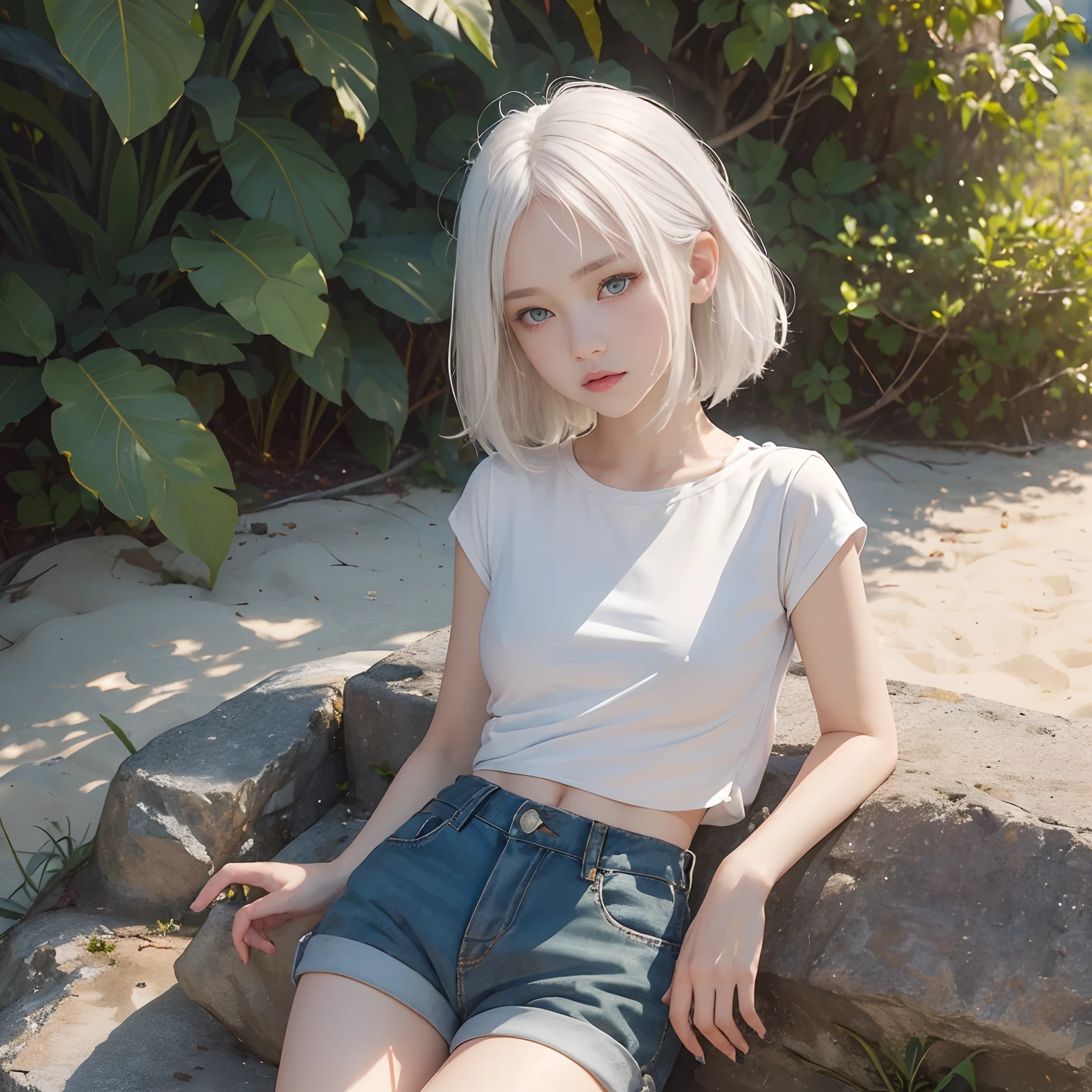 Female in her 20s, Silver-haired hair, Bright beach, naked, Spread your legs towards the camera,, (angle from below:1.0), mini-skirt, Genital pubic hair, Genital POV