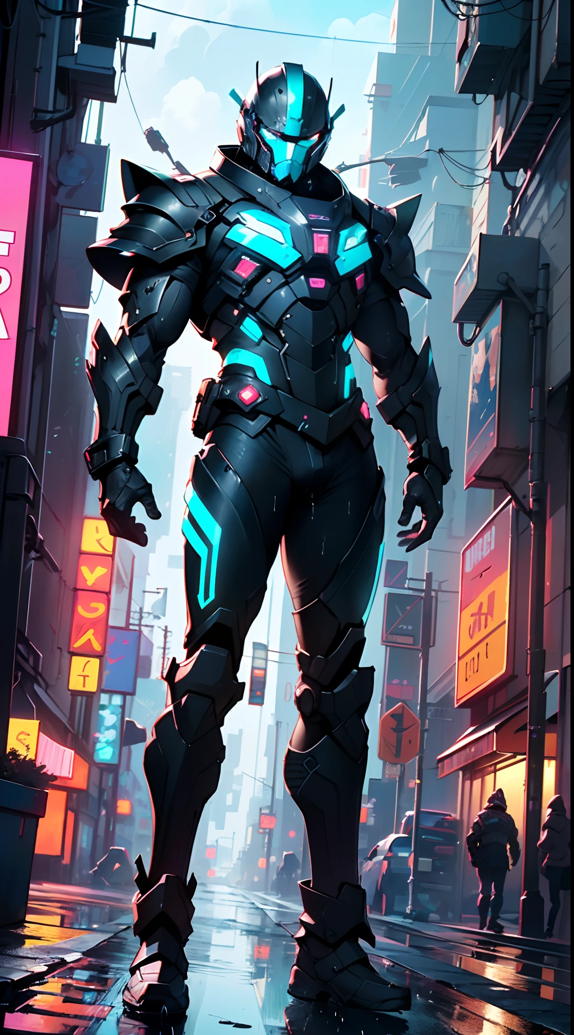 (man:1.5),muscular man in mecha armor,(((1man))),((man muscular in mecha armor)),
((exaggerated muscles,exaggerated shoulders,very muscular and huge)),man chest,((((muscular,muscular man,tall,big biceps,abs,big thighs,broad shoulders)))),
mandalorian helmet,underwater armor,mecha armor,full of weapons,((LED lights, RGB lights,black and neon blue armor)),((wet armor,intricate armor,detailed armor)),
(dynamic pose:1.0),solo focus,(centered,scale to fit dimensions,Rule of thirds),
cyberpunk city by the ocean at night, with bright neon signs and dark stormy clouds and puddles, scenery:1.25,
highres, sharp focus, (ultra detailed, extremely detailed), (photorealistic artwork:1.37),(extremely detailed CG unity 8k wallpaper),((synthwave background theme)),(((vibrant colors))),(intricate background),(masterpiece),(best quality),