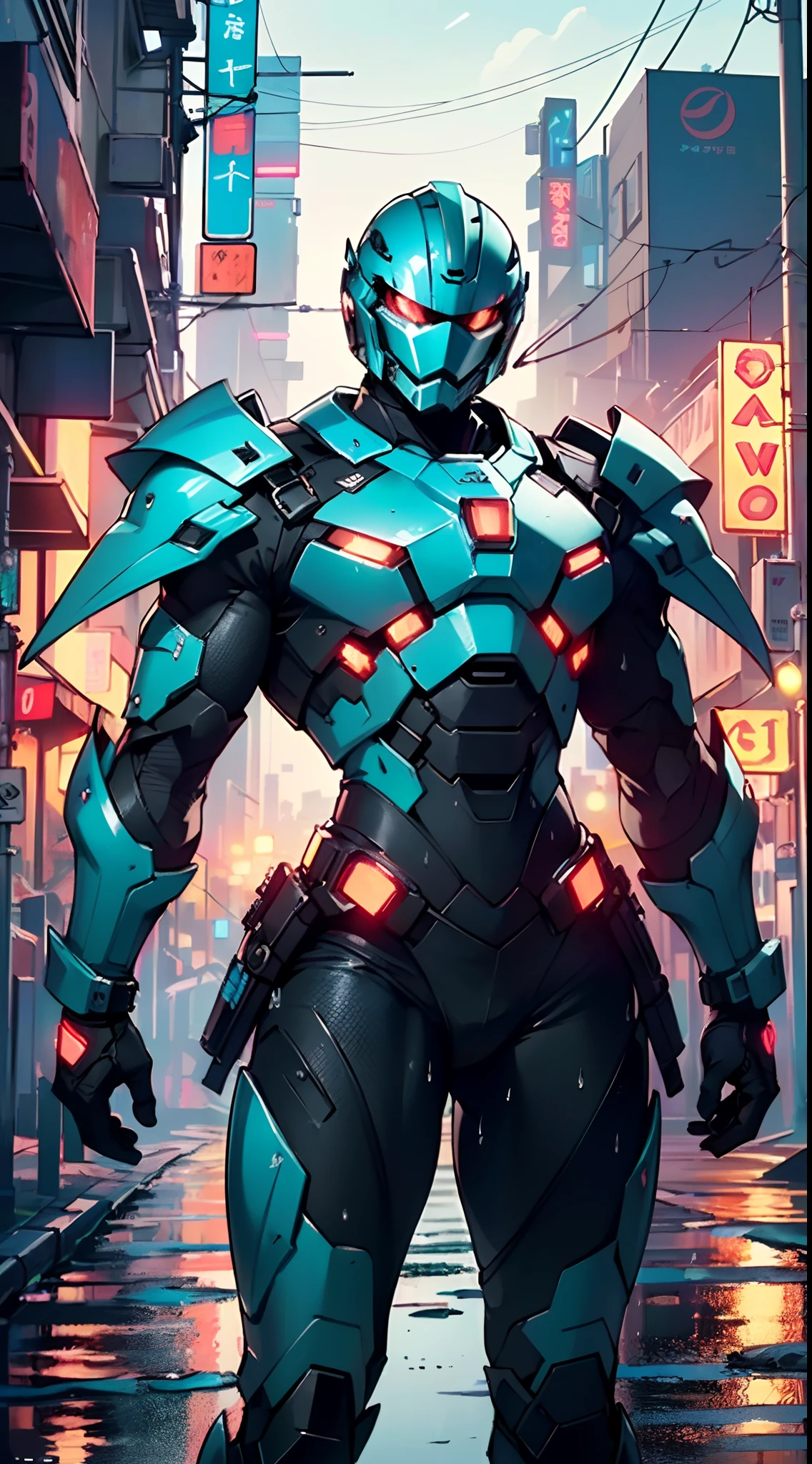 (man:1.5),muscular man in mecha armor,(((1man))),((man muscular in mecha armor)),

((exaggerated muscles,exaggerated shoulders,very muscular and huge)),man chest,((((muscular,muscular man,tall,big biceps,abs,big thighs,broad shoulders)))),

mandalorian helmet,underwater armor,mecha armor,full of weapons,((LED lights, RGB lights,black and neon blue armor)),((wet armor,intricate armor,detailed armor)),

(dynamic pose:1.0),solo focus,(centered,scale to fit dimensions,Rule of thirds),

cyberpunk city by the ocean at night, with bright neon signs and dark stormy clouds and puddles, scenery:1.25,

highres, sharp focus, (ultra detailed, extremely detailed), (photorealistic artwork:1.37),(extremely detailed CG unity 8k wallpaper),((synthwave background theme)),(((vibrant colors))),(intricate background),(masterpiece),(best quality),