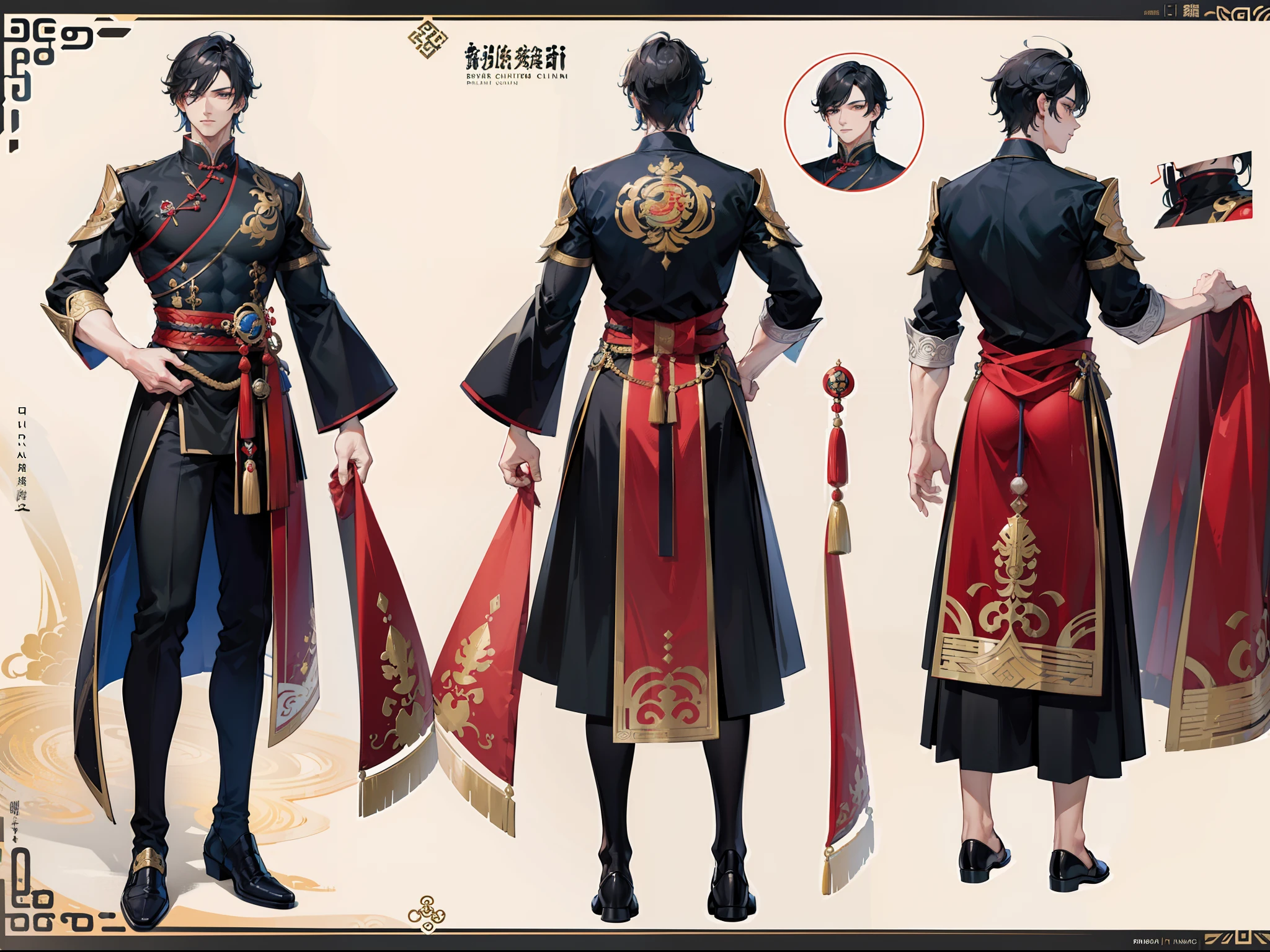 ((Masterpiece, Highest quality)), Detailed face, character design sheet， full bodyesbian, Full of details, frontal body view, back body view, Highly detailed, Depth, Many parts, Muscle boy with black hair，handsome man, Traditional chinese clothes, Genshin Impact, man tall