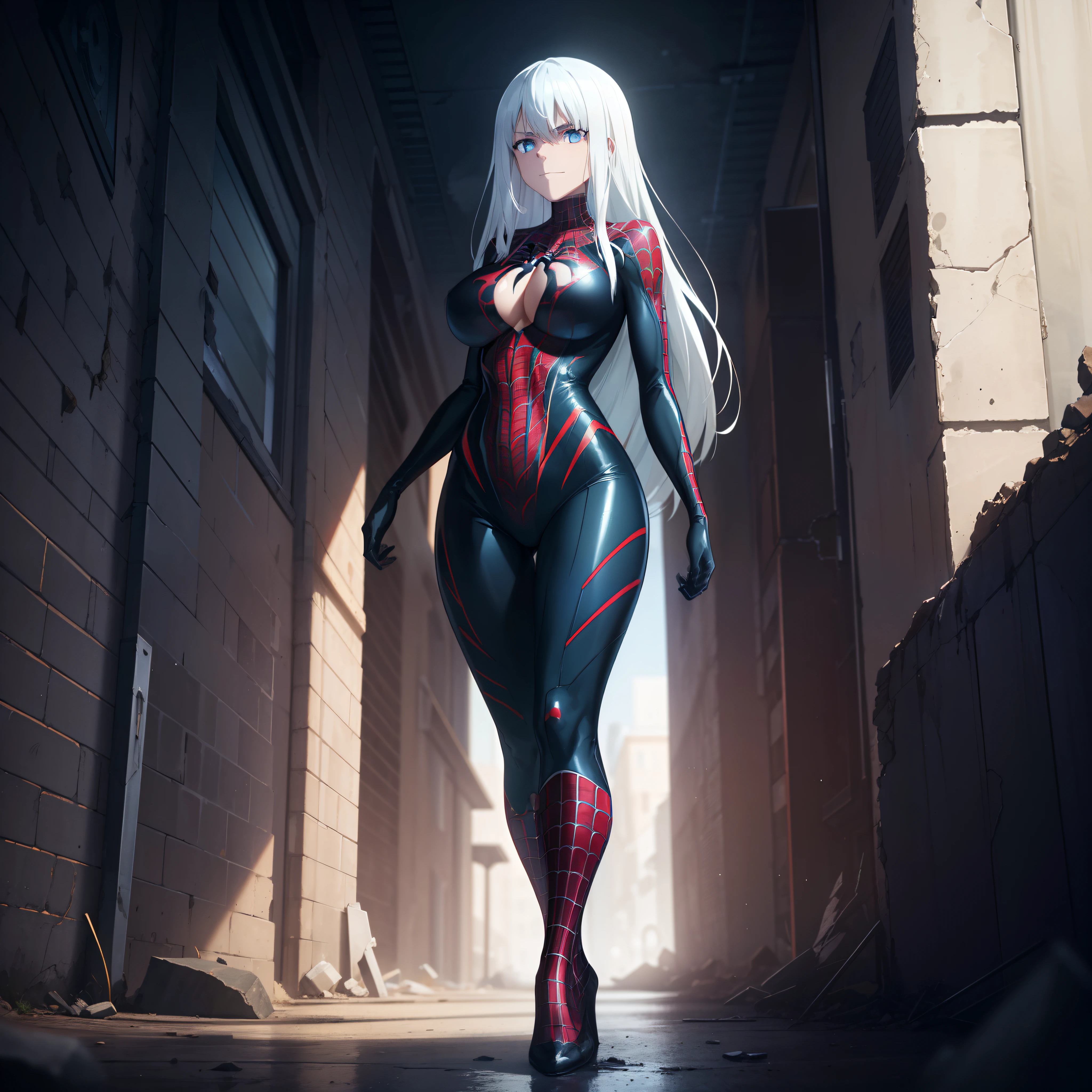 1girl,gigantic breasts,standing in ruined city,(8k),scratches,detailed face,white hair,lavender eyes,long hair,embarassed,small smile face,high_res, high_definition,the battlefield,Heroic pose,dark suit,(symbiote spider man Custome:1.1),