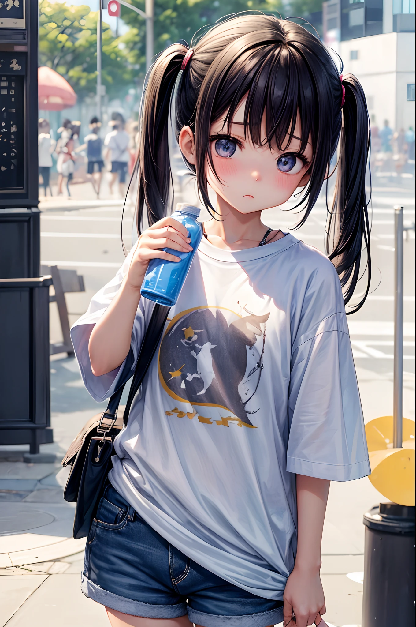 Best Quality、tshirts、short pants、summer clothing、Holding a bottle of juice in one hand、Little Girl、Very cute、Troubled face、The clothes are thin、poneyTail、Moon Night、Black hair、Schools、I want to blush、Staring at this、Wink、twinkling、、