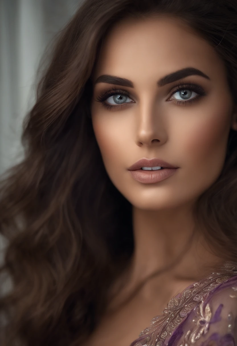 russian woman completely , fille sexy aux yeux bruns, ultra realist, Meticulously detailed, Portrait, cheveux bruns et grands yeux, selfie of a young woman, Dubai Eyes, Violet Myers, sans maquillage, maquillage naturel, looking straight at camera, Visage avec Artgram, Maquillage subtil, Great photo of the whole body kneeling on the bed, dans la chambre, Medium to large bust