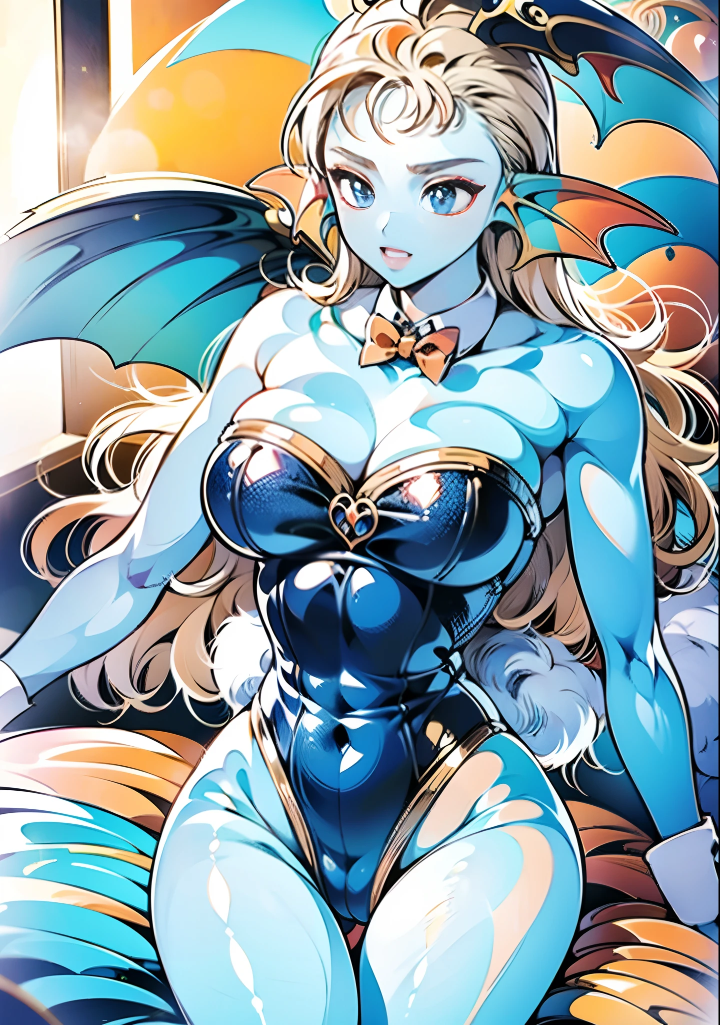 8K, High quality, married, Beautiful, Bright, Eye Highlights, Sexy, Erotic, beautiful line art, light blue skin, Blue and orange gradient ear fins, Bunny Girl, Bunny suit, Bare legs, Blue skin on the legs, Kawaling Position,