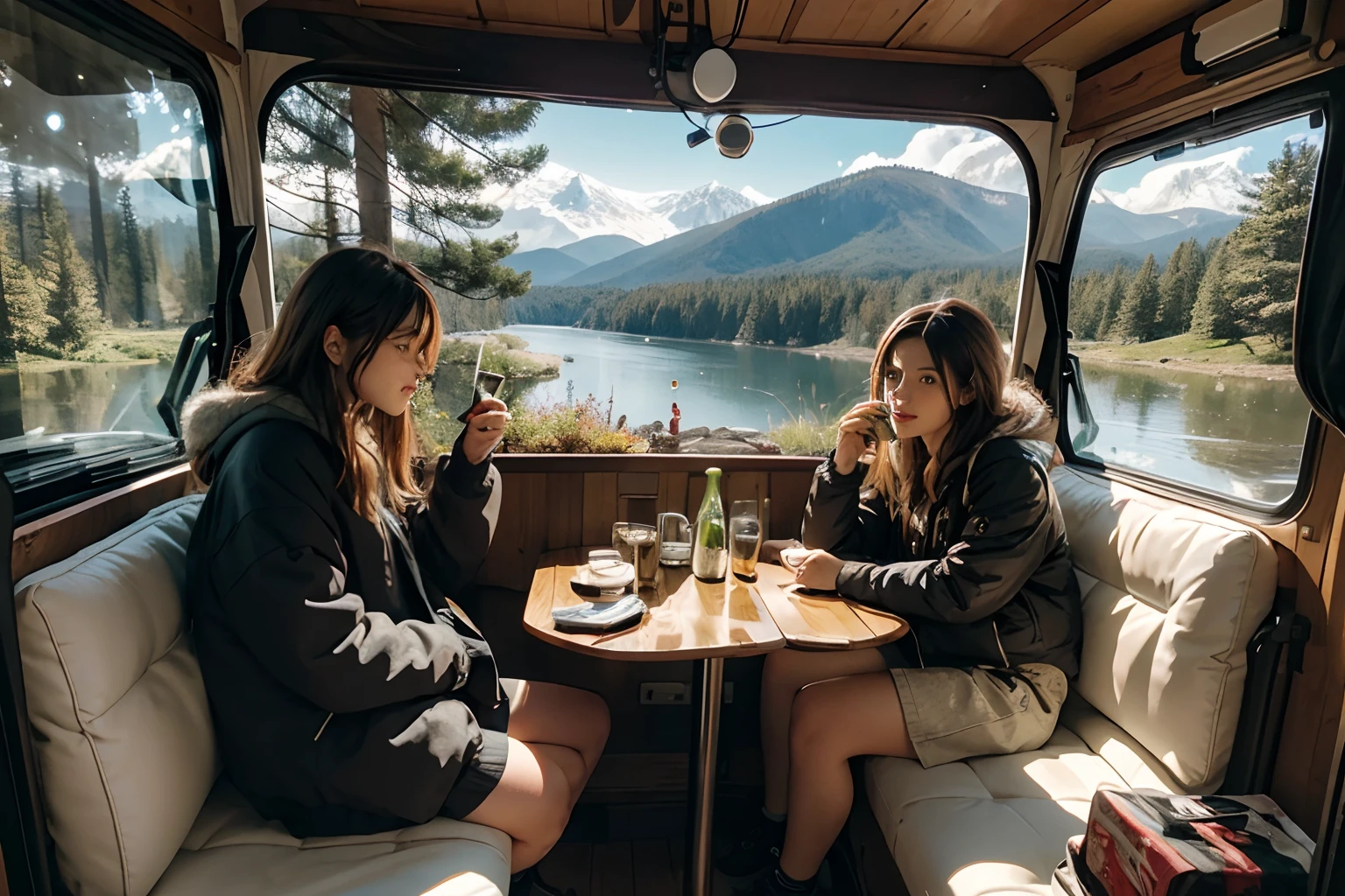 A motor home under some trees, A couple drinking mate tea in a mate cup, under the trees and next to the motor home. Autumnal forest in Bariloche, trees with yellowish leaves, mountains and lake in the background . illuminated by morning sun. highly detailed.