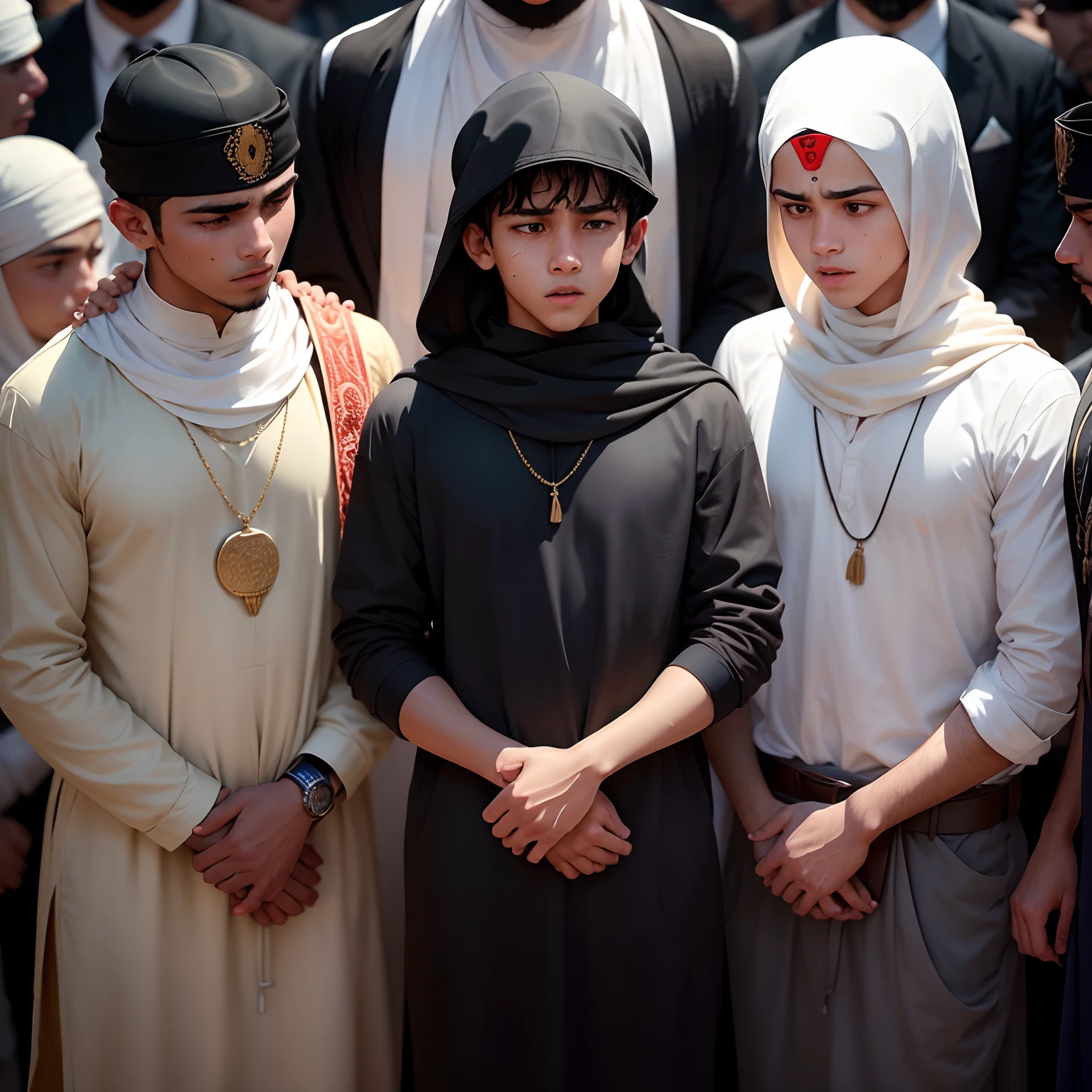 "Amidst the laughter and camaraderie, a group of boys, all donned in Muslim attire, find themselves in a moment of contrast. Explore the emotions swirling within them, with one member standing apart, his demeanor hinting at a deeper, unspoken sorrow. What thoughts and experiences have brought them to this point in their journey?"
