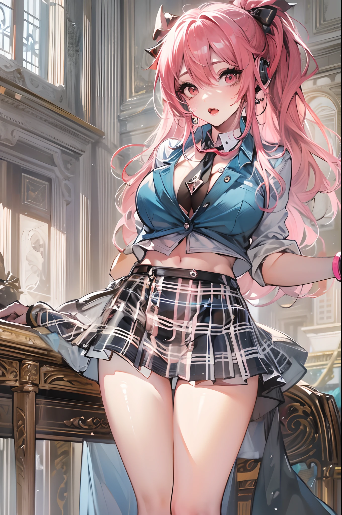 Solo, Delicate face, Long eyelashes, Narrow eyes, (High ponytail: 1.3), (Red eyes: 1.3), (Pink hair and white mesh: 1.2), Big Cleavage, Slim, Tartan Check, Music Room, angle from top, uniform, light blue underwear, Sweat, sit on chair, Open legs, Open legs, Open mouth, Tongue out, Open Legs Wide, Crotch, , sheer