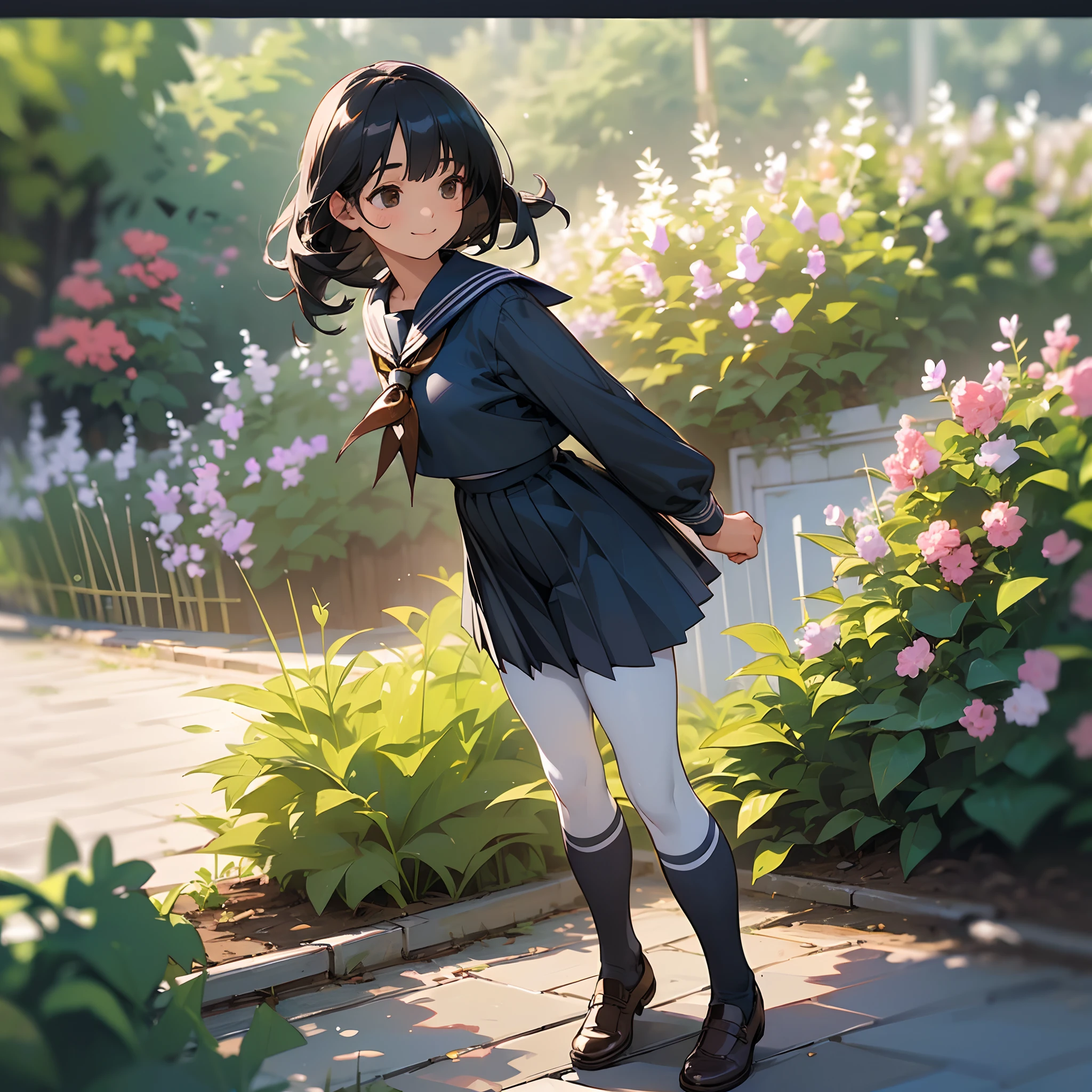 (Best Quality, hight resolution, Ultra-detailed, Realistic:1.37), peaceful ambiance, (plein air, garden), Teenage girl standing alone, Beautiful detailed features, Cute smile, ((Black bob hair)),Navy blue sailor suit, Pleated skirt,White tights,Brown leather shoes.