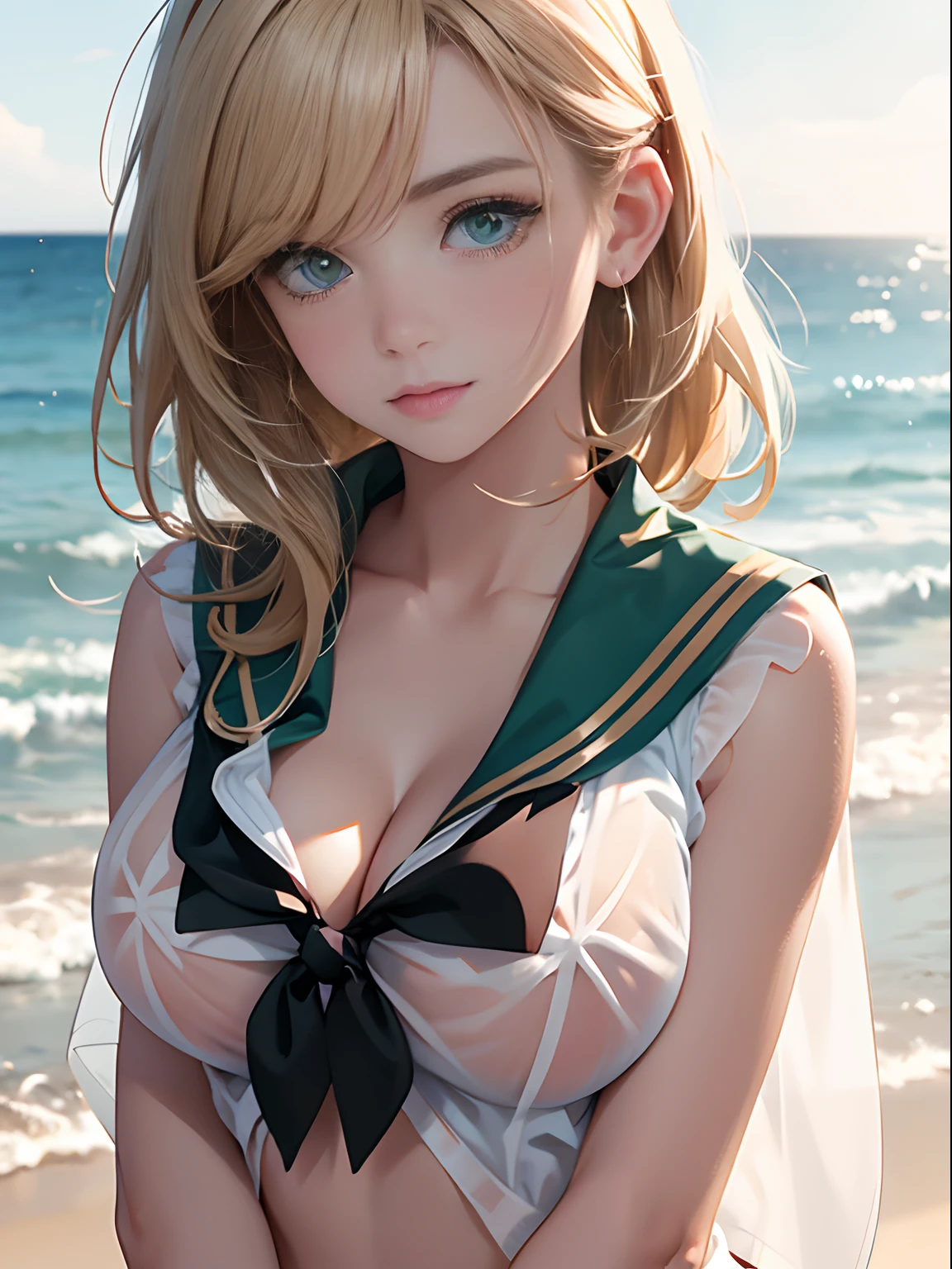 ((( sheer sailor shirt, Sleeveless, open front))), (((large breast))), (((Show off cleavage))), close up, extremely detailed CG unified 8k wallpaper, very fine 8KCG wallpaper, (masterpiece, Best Quality), High resolution, Ultra-detailed, ultra-sharp, 1 girl, full nude,Naked, at beach, (Beautiful face, Cute face, Detailed face), (((Detailed beautiful green eyes))), BREAK, (((Sunny))), perfecteyes eyes