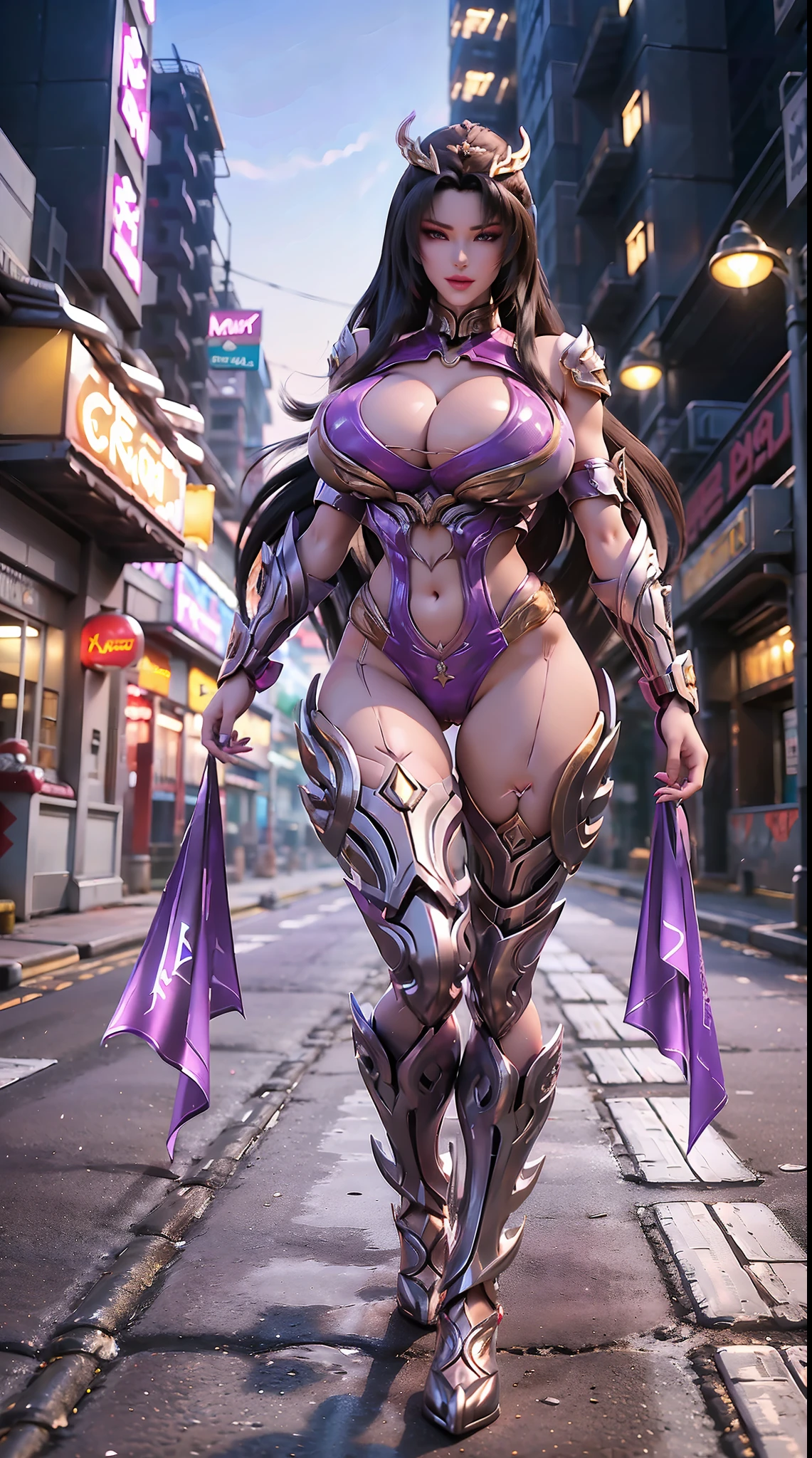 (dragon Queen Helm), (huge Fake Boobs:1.2), (purple, Gold, White), (street neon city), Rainbow Color Futuristic Phoenix Mecha Bodysuit, (cleavage), (skintight Yoga Pants), (high Heels), (perfect Body:1.2), (full Body View), (looking At Viewer), (walking Down:1.2), Sexy Muscular Body, (muscle Abs), Uhd, 8k, 1080p.