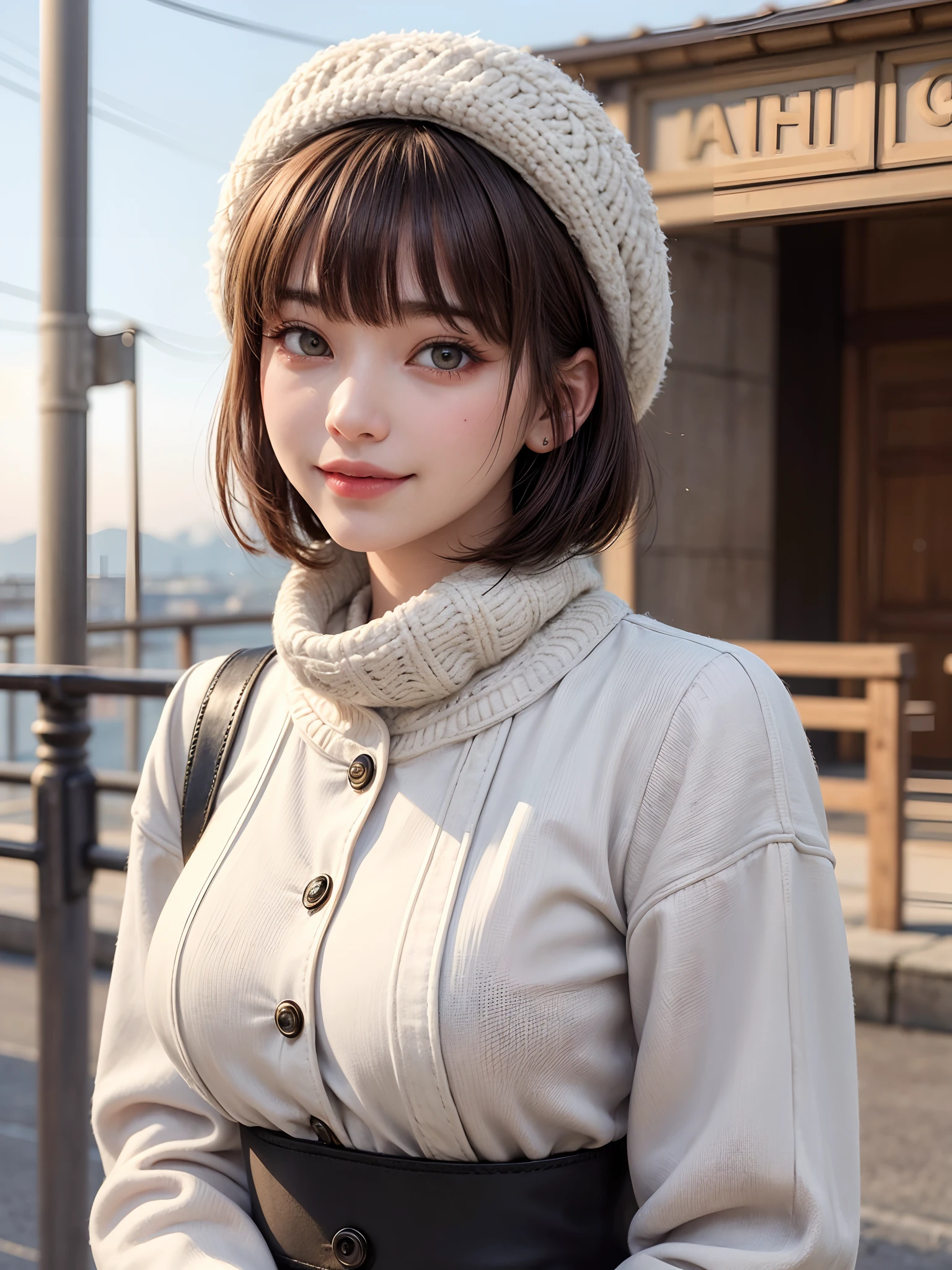(​masterpiece, top-quality、Very attractive adult beauty、Add intense highlights to the eyes),1girl in, 独奏, A dark-haired, scarf, Hats,, realisitic, looking at the viewers, black eyes of light color, shorth hair, coat, Winter clothes, White headscarf, s lips, lipgloss，bangss,, a closed mouth, The upper part of the body、big eye、Lashes、((Road system in Italy))、((Shorthair with bangs、big eye、Put very strong highlights in your students、very Bigger breasts、gazing at viewer、Very beautiful beauty、Put your ears out、long neck、little smiling、Close your mouth and smile)))、28 year old、Very cute supermodel