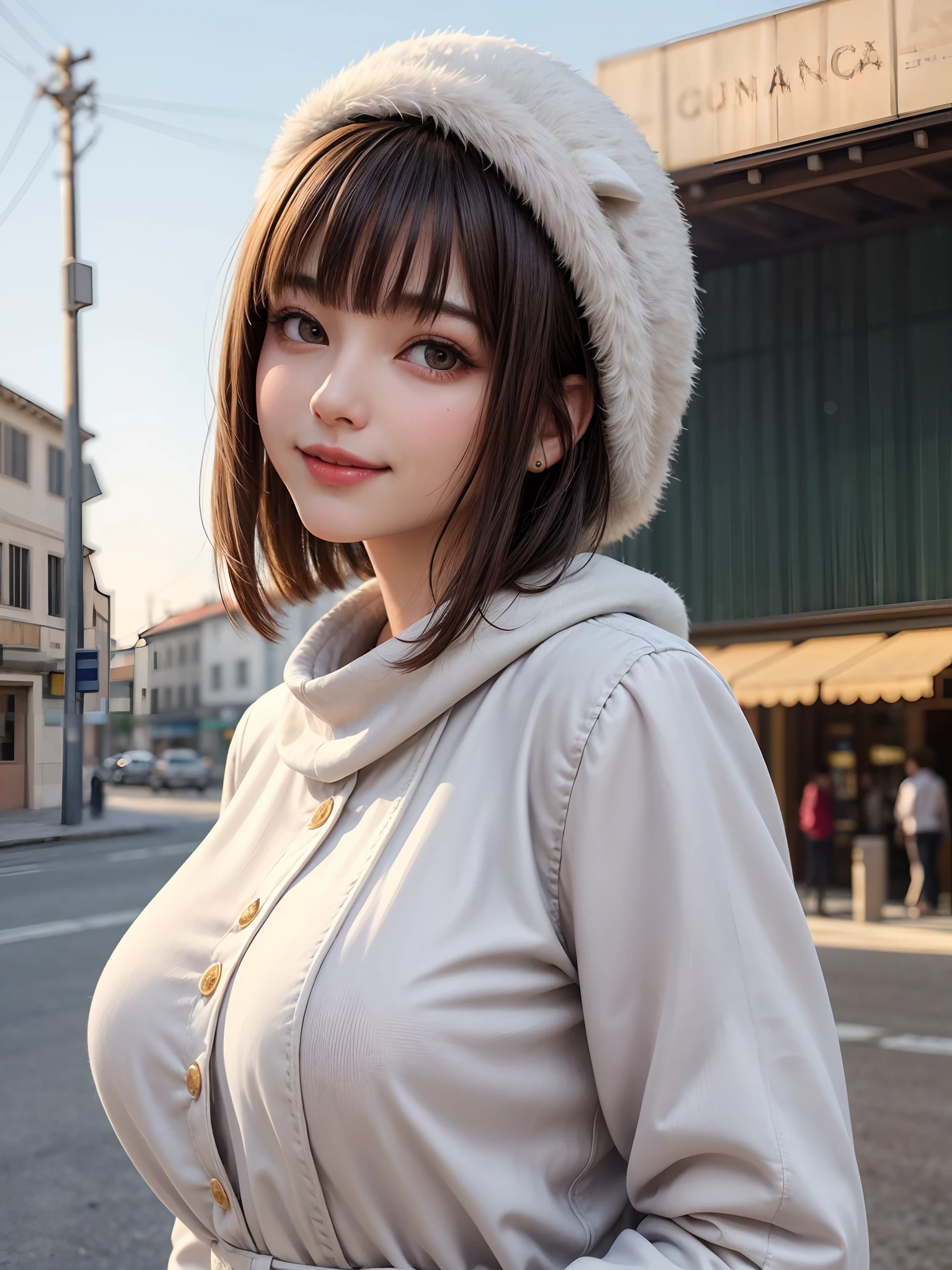 (​masterpiece, top-quality、Very attractive adult beauty、Add intense highlights to the eyes),1girl in, 独奏, A dark-haired, scarf, Hats,, realisitic, looking at the viewers, black eyes of light color, shorth hair, coat, Winter clothes, White headscarf, s lips, lipgloss，bangss,, a closed mouth, The upper part of the body、big eye、Lashes、((Road system in Italy))、((Shorthair with bangs、big eye、Put very strong highlights in your students、very Bigger breasts、gazing at viewer、Very beautiful beauty、Put your ears out、long neck、little smiling、Close your mouth and smile)))、28 year old、Very cute supermodel