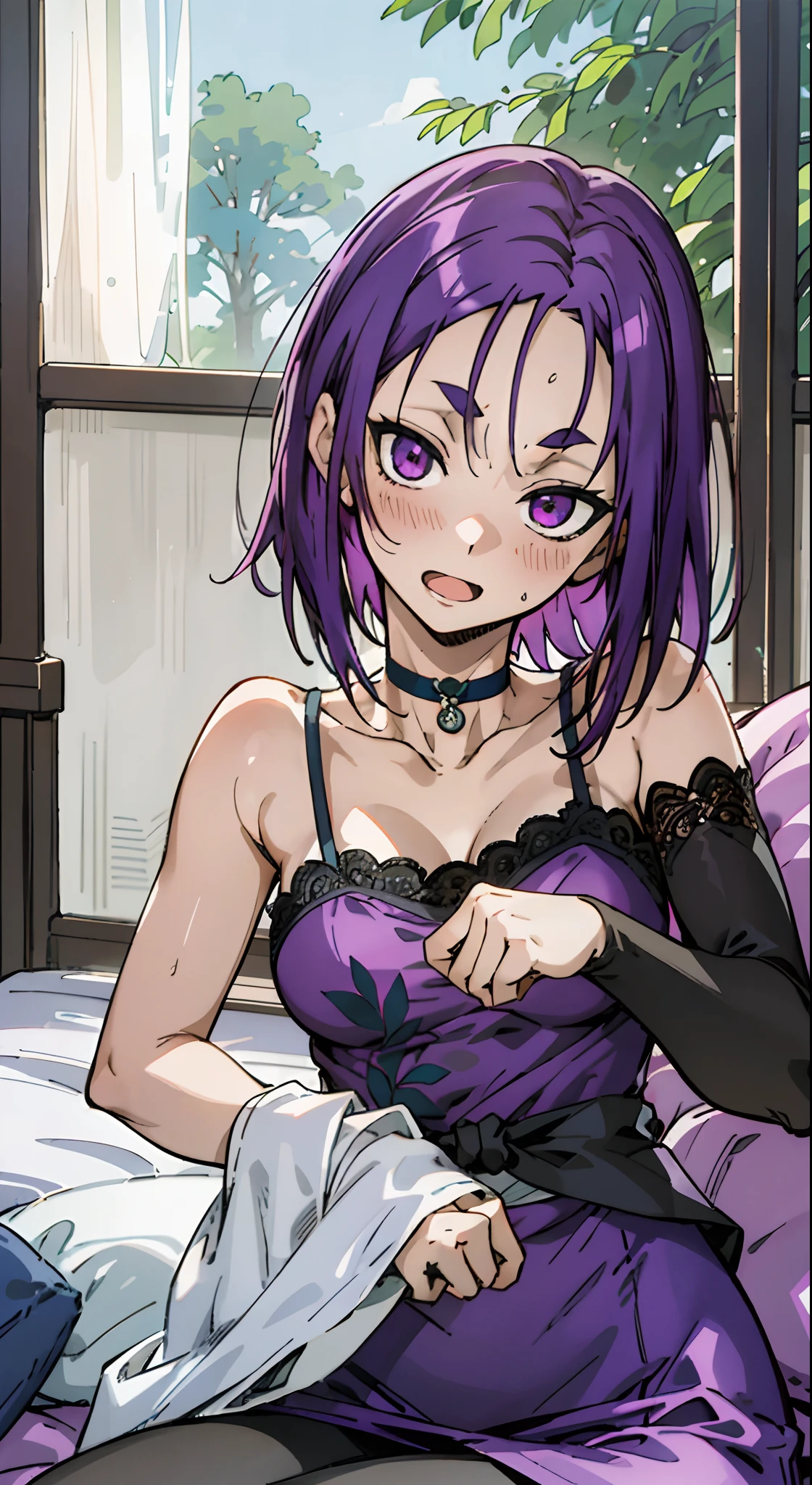 masutepiece, Best Quality, Ultra-detailed, Young Girl, Colorful,Up-close, Hyper-detailing，purple color  hair, Ultra-realistic hair quality, Vibrant colors, Beautuful Women, Beautiful long hair, Shiny hair, detailed hairs, Hair Ribbon, Single-sided up, Reo Mikage, Blue Lock, no sleeves, Camisole and cheongsam, Dress, Lace dress, camisole, chinese clothes, Chest exposure, Lace underwear, Metamorphosis is exposed, Choker, Black Choker, arm warmer, Sexy breasts, Scar, Big breasts, red blush, 1girl in, Solo, Sharp face, Heterochromia, Green eyes, Purple eyes, Bare neck, Happy face, opened mouth, 2hand, 5 fingers, Bedroom, squatting on bed, bare feet, leggings, blue leggings