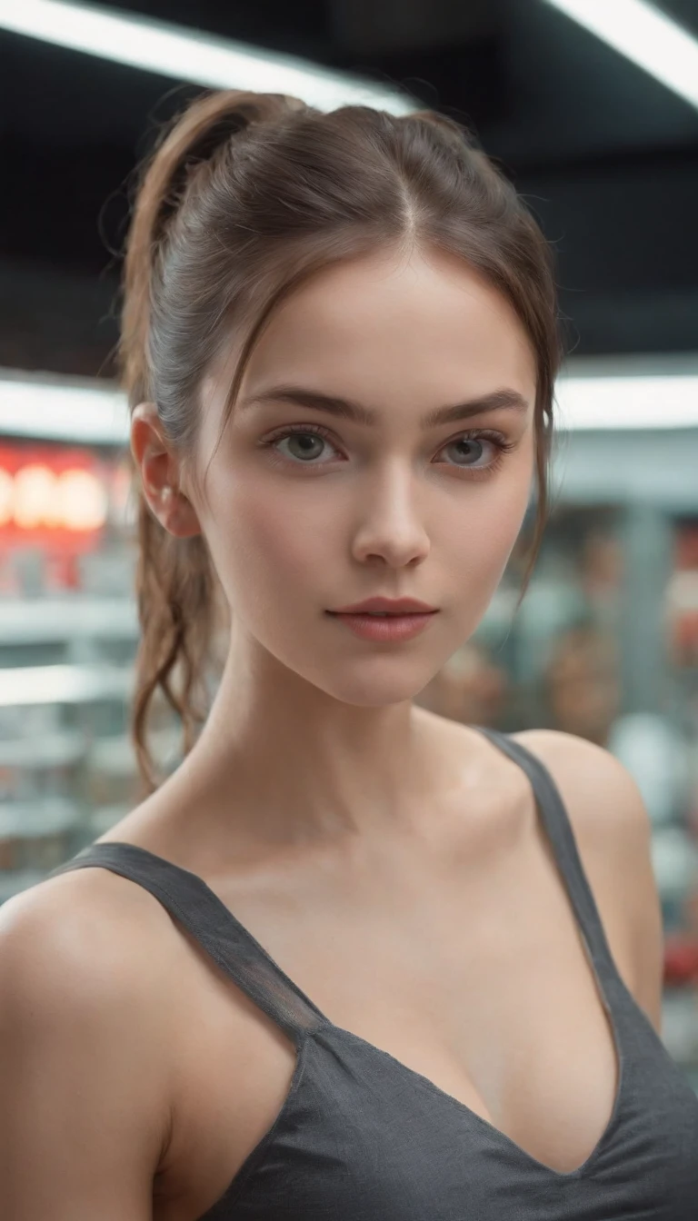 CINEMATICA MATRIX 5, NSFW,A 20 year old girl with ponytail hair, big dark gray eyes, and a perfect ovale face, rendered in a photorealistic style with sharp edges and a vibrant atmosphere, standing in a convenience store with bare breasts