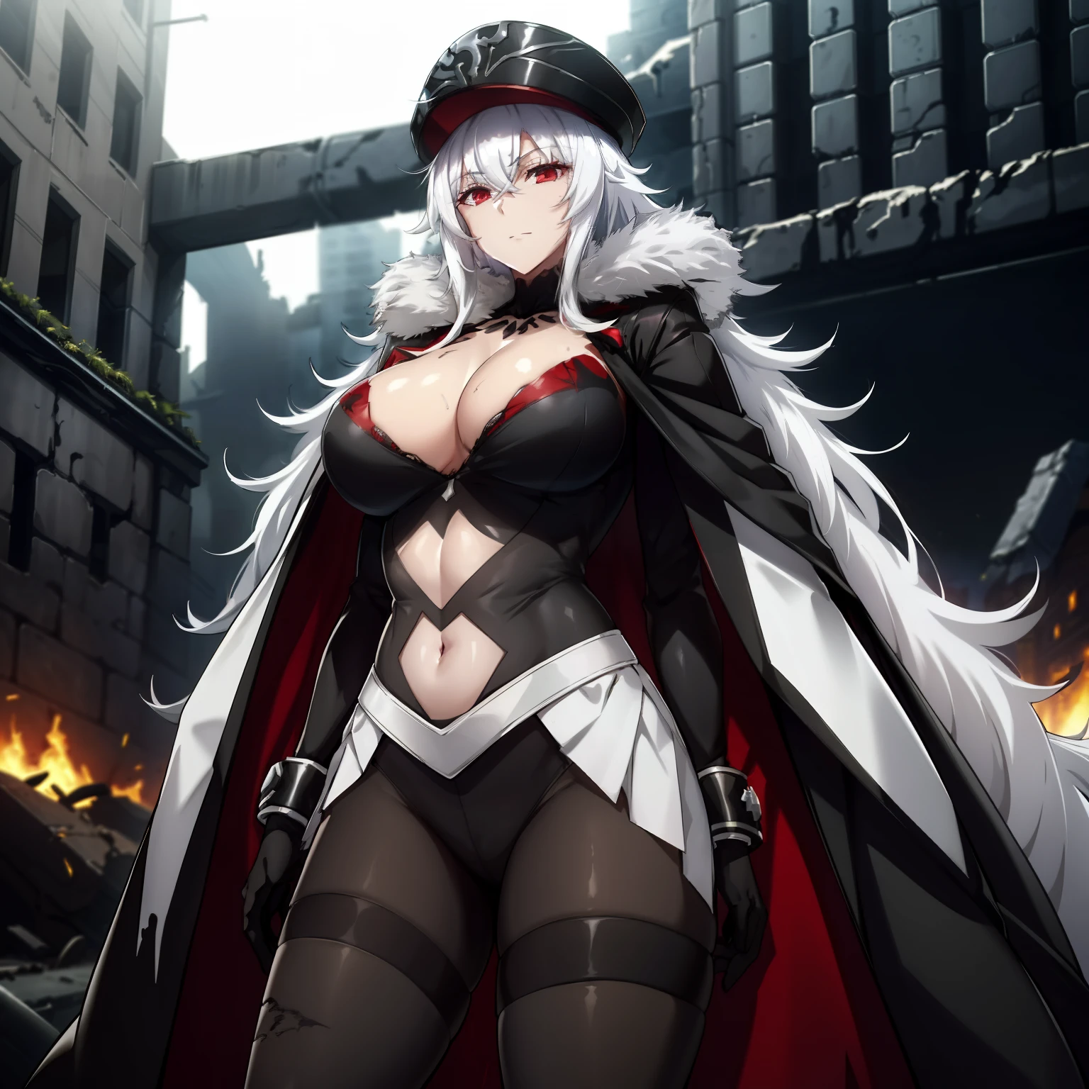 1girl,gigantic breasts,standing in ruined city,(8k),scratches,detailed face,white hair,red eyes,long hair,embarassed,small smile face,high_res, high_definition,the battlefield,Heroic pose,dark suit,military hat,black cape,(symbiote spider man Custome:1.1),