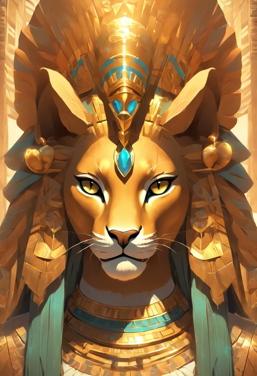 (((SEKHMET))) best quality, ultra-high resolution, 4K detailed CG, master piece, woman, Feline Goddess, Pharaoh crown, adornment, Egyptian clothing, Egyptian mythology, desert, aesthetics, ((Feline head)), standing, Beautiful image, centered