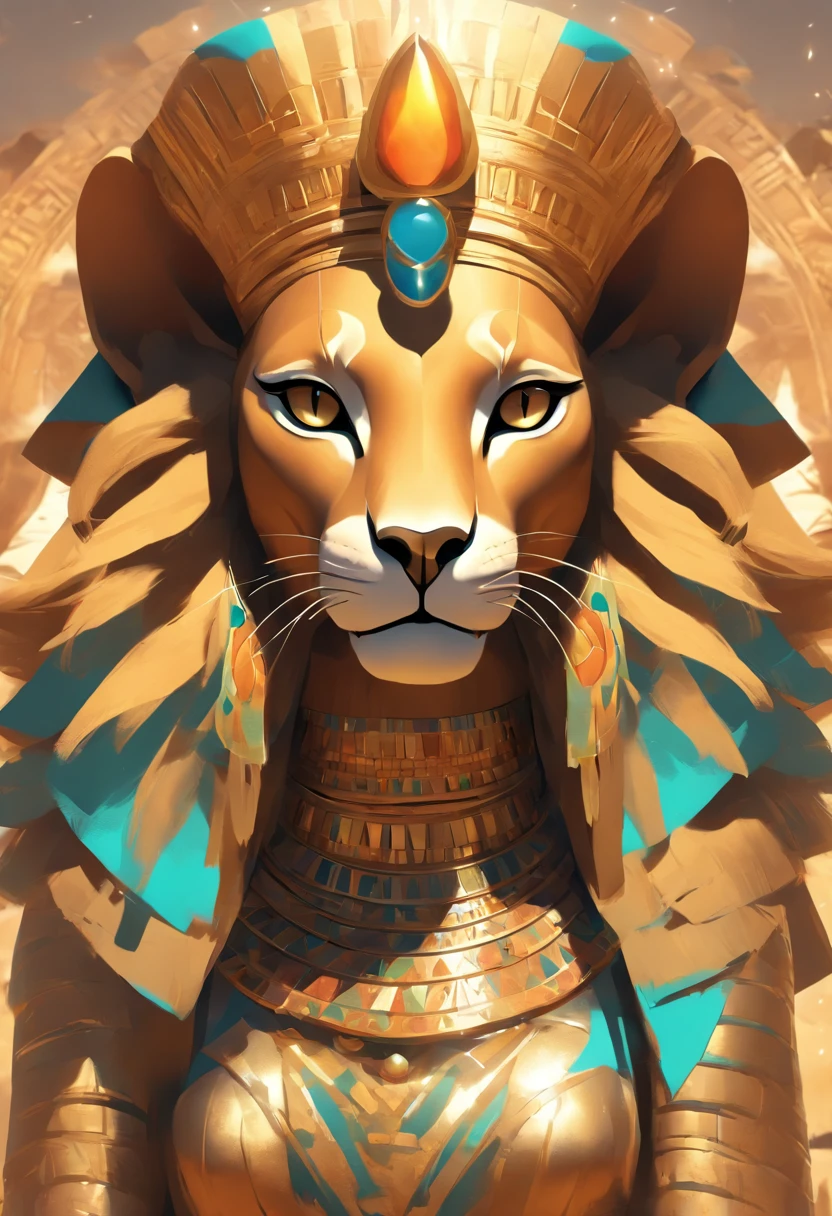 (((SEKHMET))) best quality, ultra-high resolution, 4K detailed CG, master piece, woman, Feline Goddess, Pharaoh crown, adornment, Egyptian clothing, Egyptian mythology, desert, aesthetics, ((Feline head)), standing, Beautiful image, centered