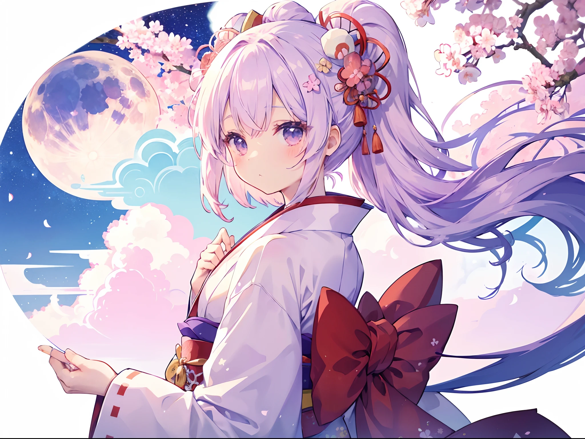 1 sticker, sticker, nikkaze, (cute girl), (gorgeous kimono), (gorgeous hair accessory), (Japanese traditional hairstyle), cherry blossoms, clouds, behind is a huge round moon, stars, white background, no background, simple background, minimal, cute, tiny, pastel color, vector style, no gradient