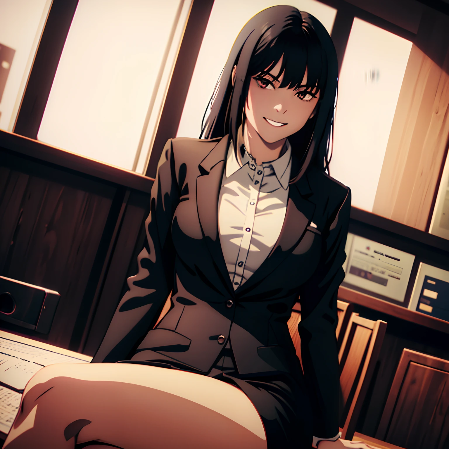 Solo, 1 woman, gorgeous, beautiful, mysterious, ominous, grinning, sitting, sitting in ofice, at desk, perfect lighting, badass woman, formal attire, smirking, woman sitting at a desk, cinematic, masterpiece, best quality, highres, mightnight black hair, curvy, medium hair, bangs, silky hair, perfect features, skinny, red lipstick, fully clothed