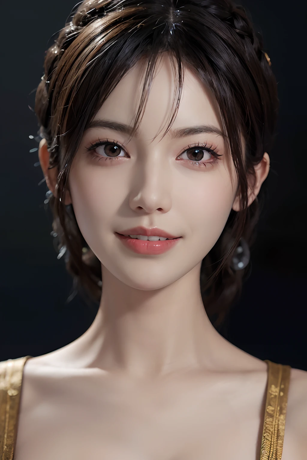 (Masterpiece: 1.3), (8k, photorealistic, RAW photo, top quality: 1.4), (1girl), beautiful face, (realistic face), (black hair), beautiful hairstyle, realistic eyes, beautiful detail eyes, (realistic skin), beautiful skin, absurdity, attractive, ultra high resolution, ultra realistic, high definition, golden ratio, whole body, smiling teeth are visible, beautiful smile,