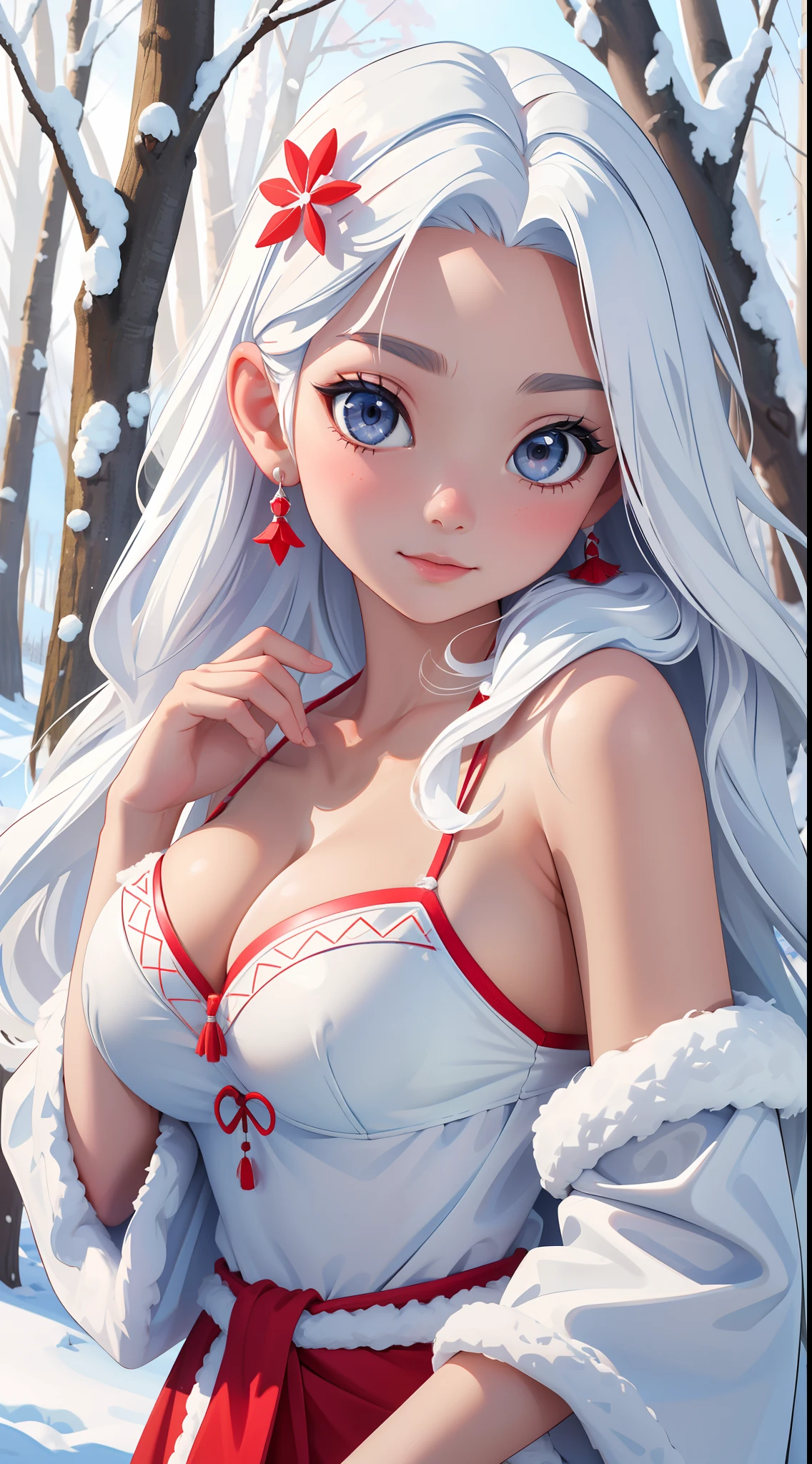 , Haplogroup D1a1a1, High quality,a white bikini,underdressing, Masterpiece, Portrait, 1girll, 11 Yeng,Large breasts,cleavage,Off-the-shoulder attire,snowfield,forest,Blizzarding,Frozen magic。Be red in the face,