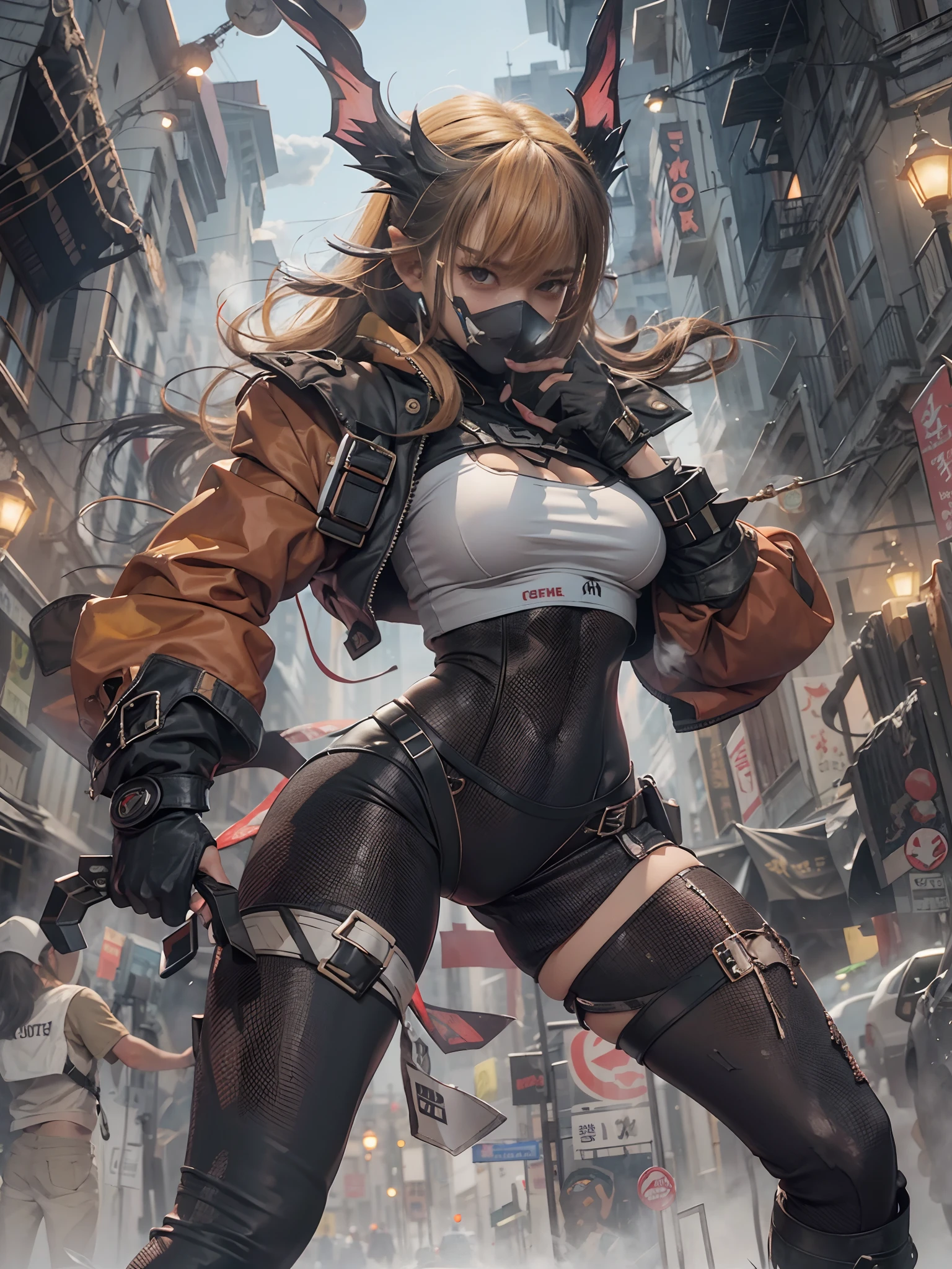 Giant Akari in crop top and jacket, Barefoot, a beauty girl、beautiful countenance、huge tit、beauty legs、well-muscled、athletic bodies, gts city, city buildings, Smoke coming from a broken building, Confront evil black smoke and assimilating monsters、Screaming and fighting、Fighting face、fighting poses、Sexy Kamen Rider Behind the Scenes、Face off against monsters、hero、salvador