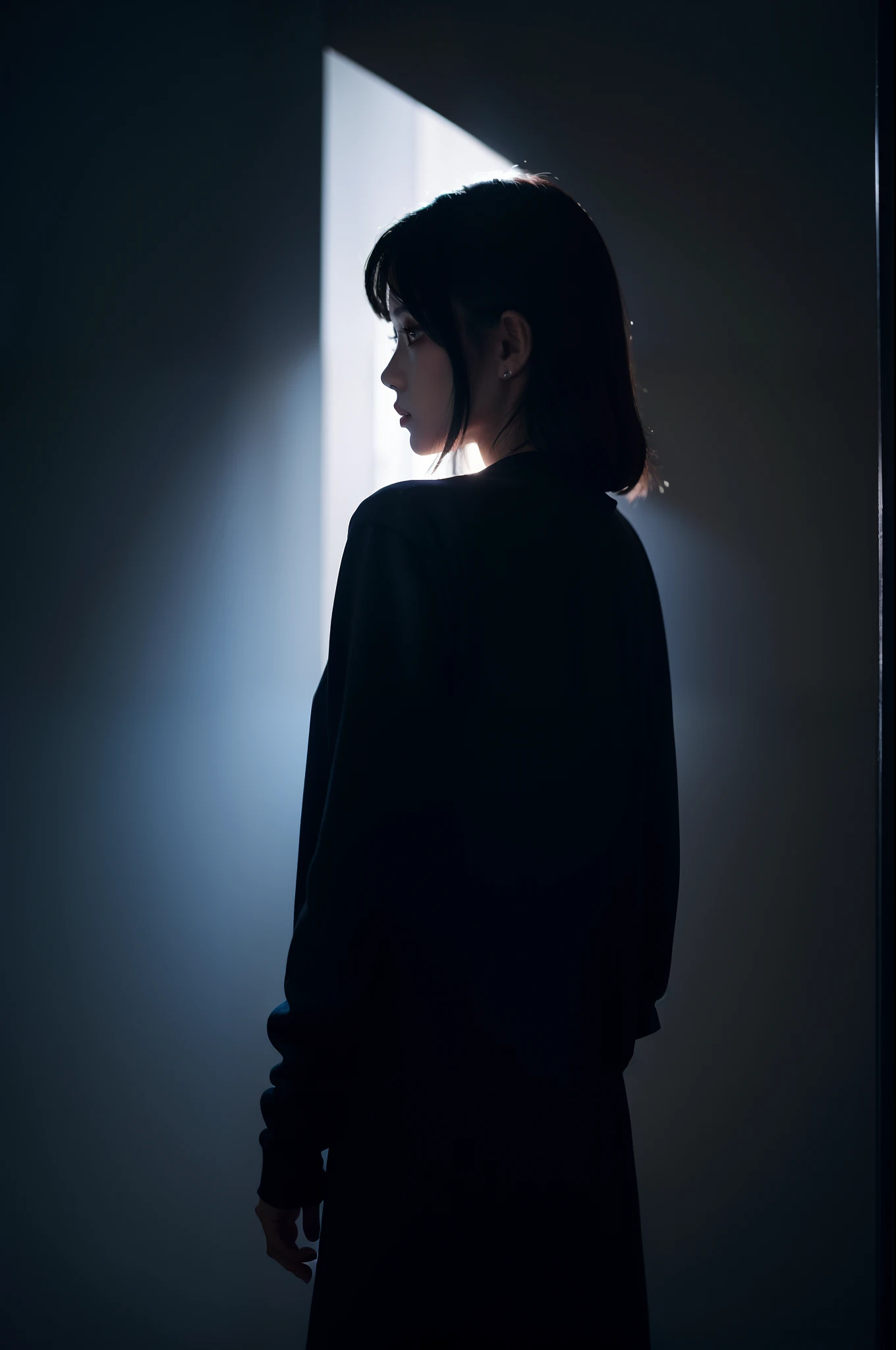 one girls，Black clothe，deep dark background，Back lighting