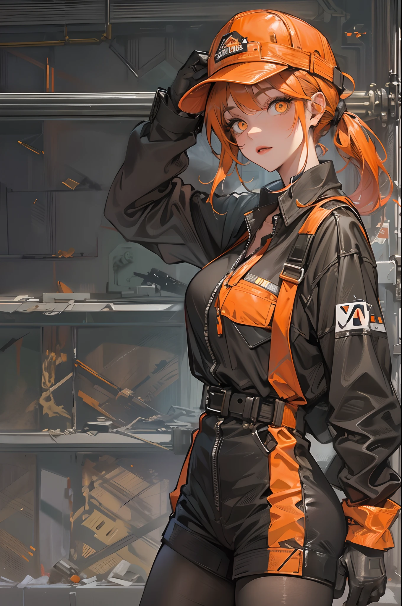 A girl, A MILF, Older, Dark orange hair, Seductive look, Construction worker clothing, wear cap, Orange eyes