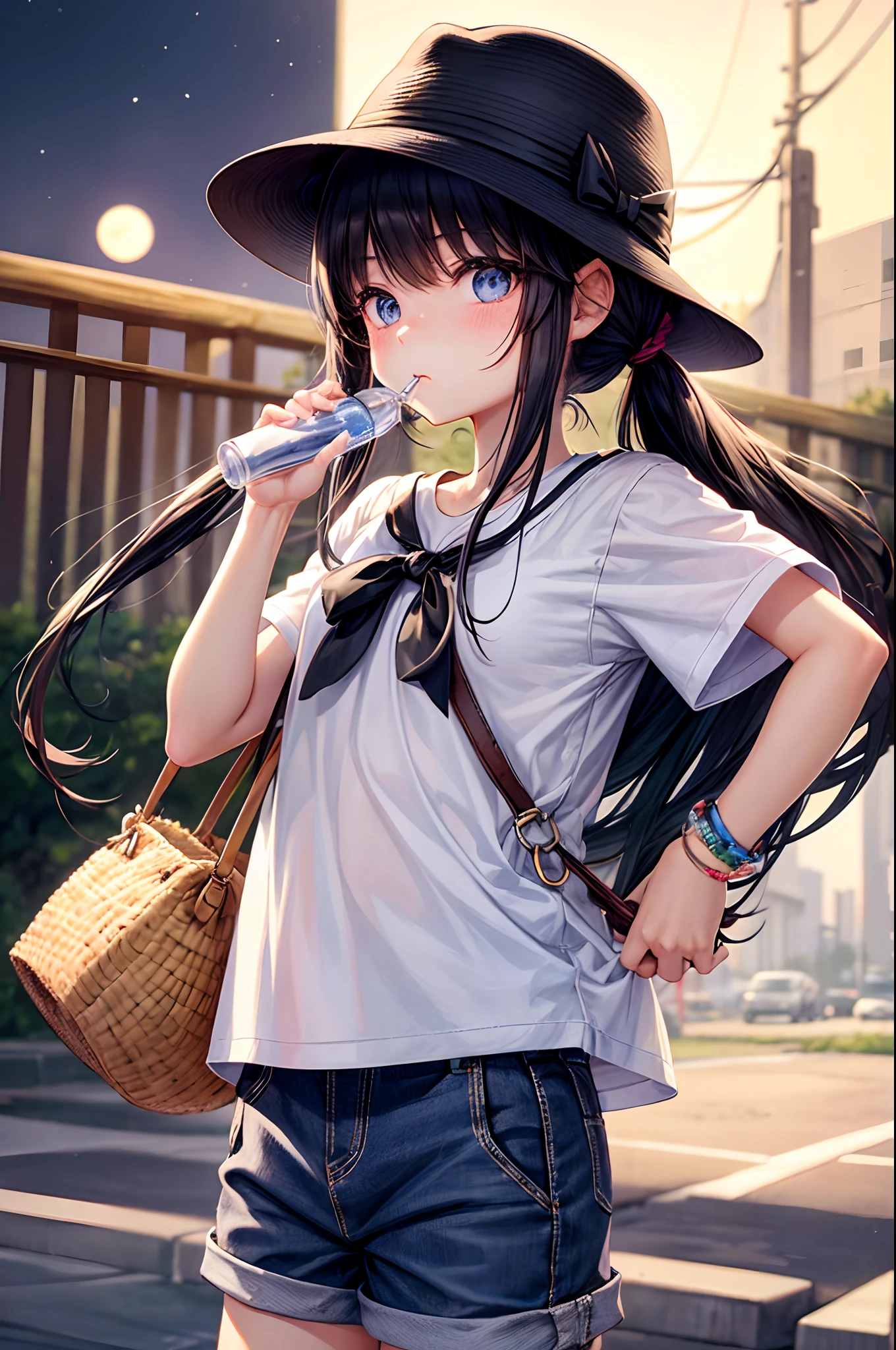 Best Quality、tshirts、Short pants、summer clothing、Holding a bottle of juice in one hand、、Very cute、Troubled face、The clothes are thin、poneyTail、Moon Night、Black hair、Schools、I want to blush、Staring at this、Wink、twinkling、a straw fedora hat、