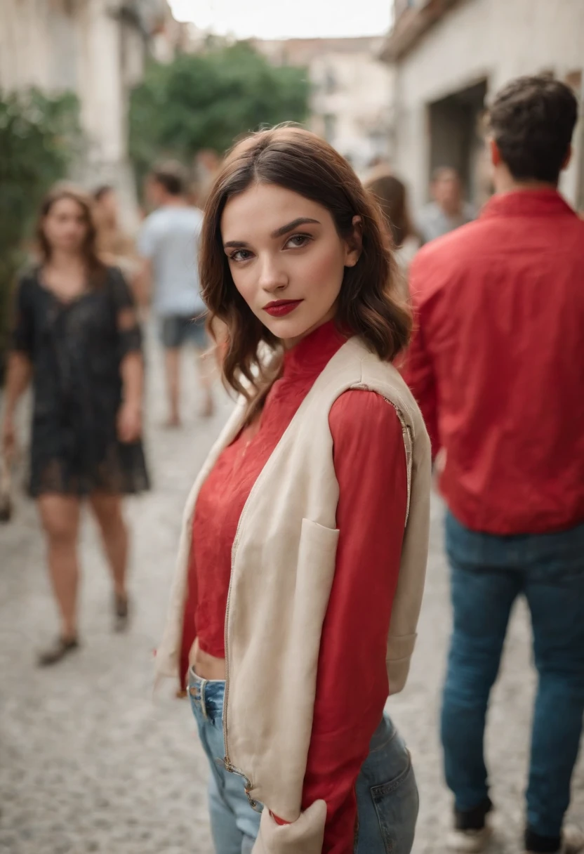 Uma garota de 21 anos brsileira, parecida com a personagem Tokyo de La casa de papel, tirando uma foto na frente do espelho do banheiro do shopping, calsa larga e um top preto, cabelho preto curto olhos castanhos, Wearing a lollipop and with a camera around his neck.