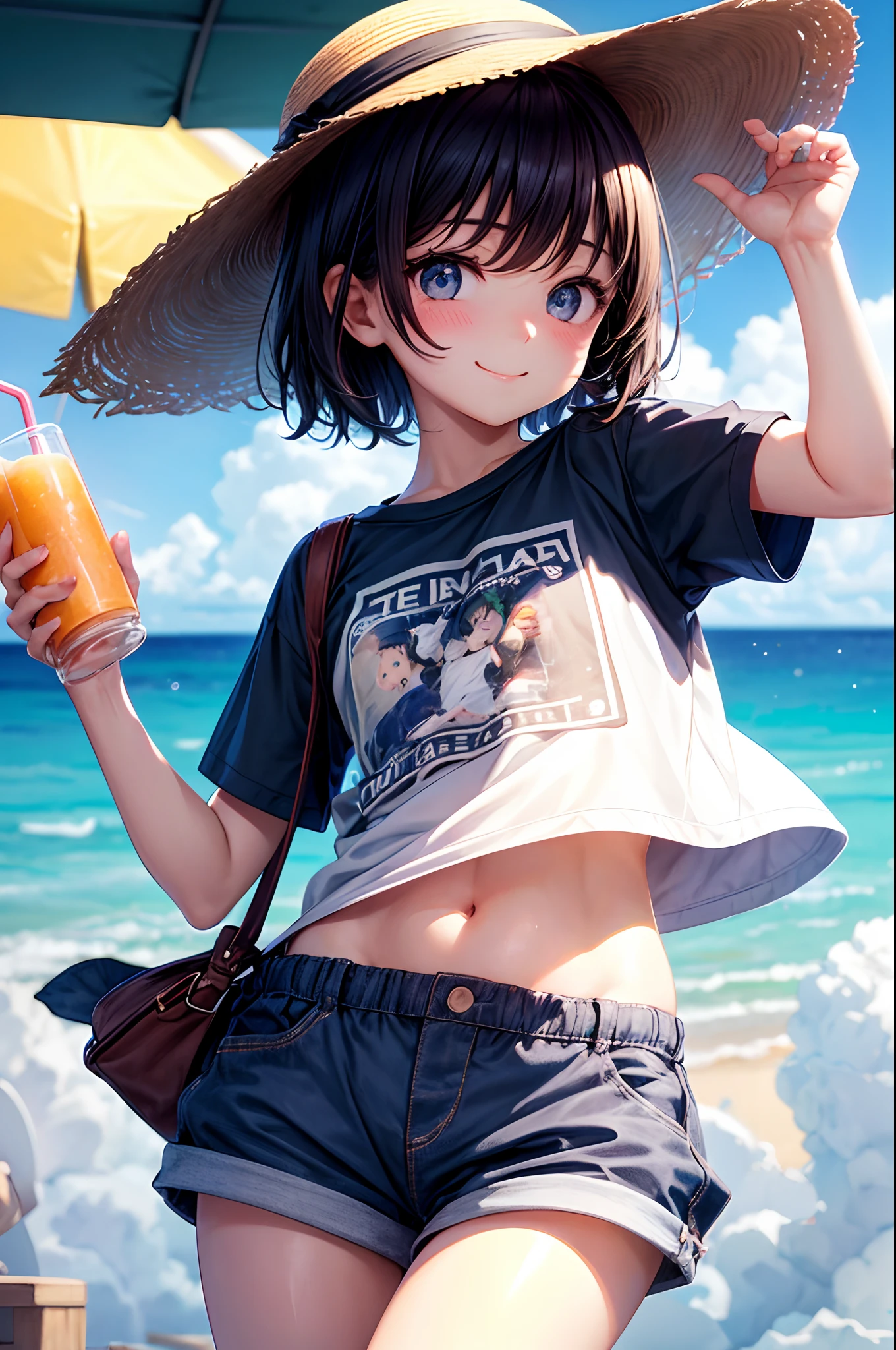Best Quality、tshirts、Short pants、summer clothing、Holding a bottle of juice in one hand、、Very cute、A smile、The clothes are thin、short-hair、Moon Night、Black hair、Schools、I want to blush、Staring at this、Wink、twinkling、a straw fedora hat、I can see the belly button